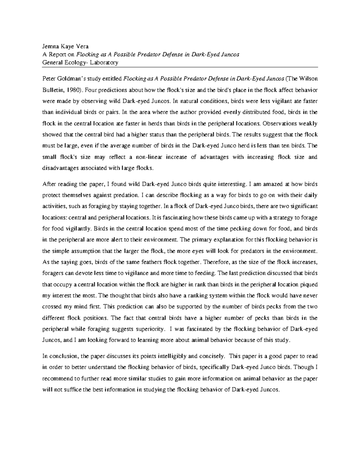 Reaction Paper on Flocking as A Possible Predator Defense in DarkEyed