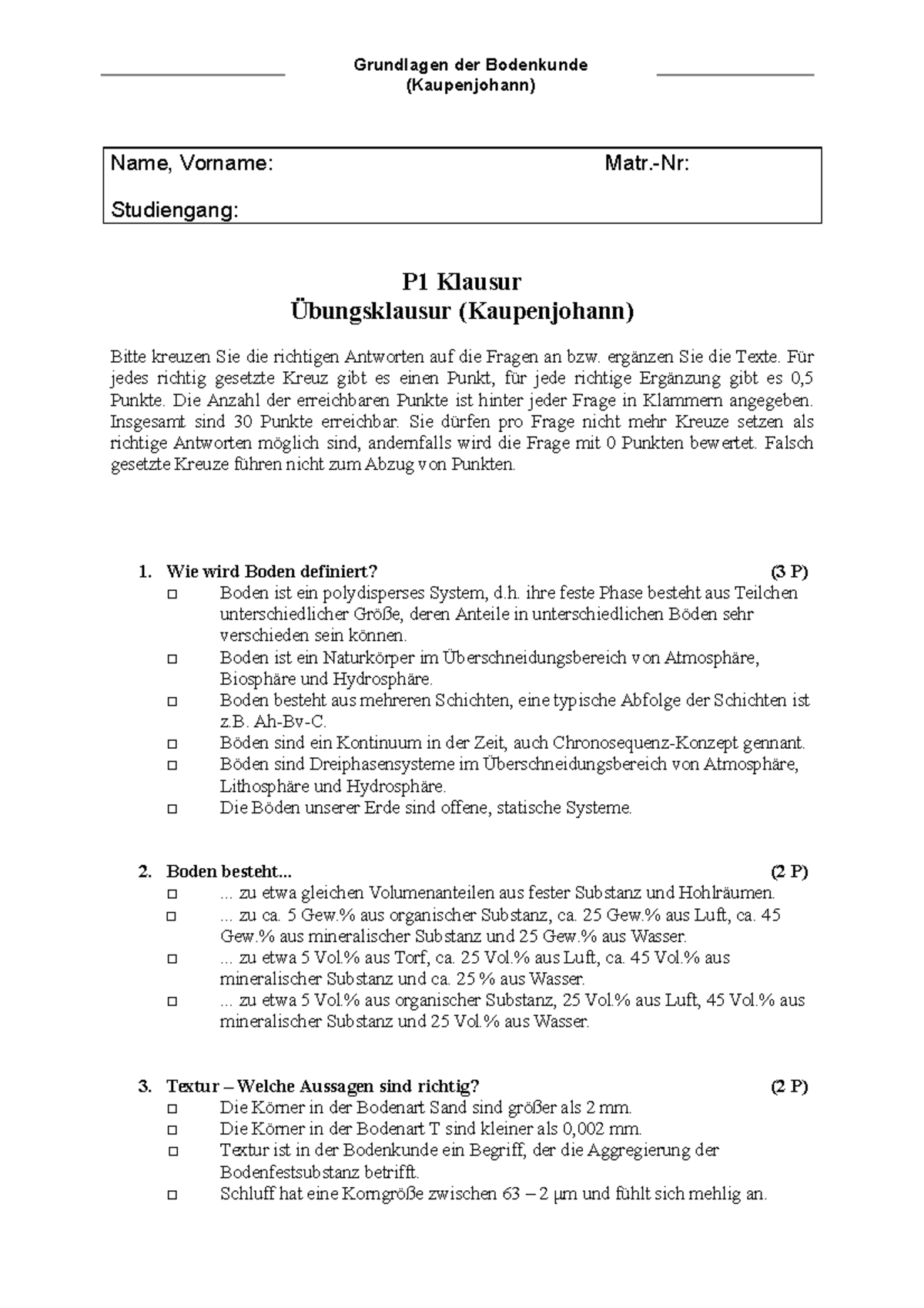 Übungsklausur-Bodenkunde - Grundlagen Der Bodenkunde (Kaupenjohann ...