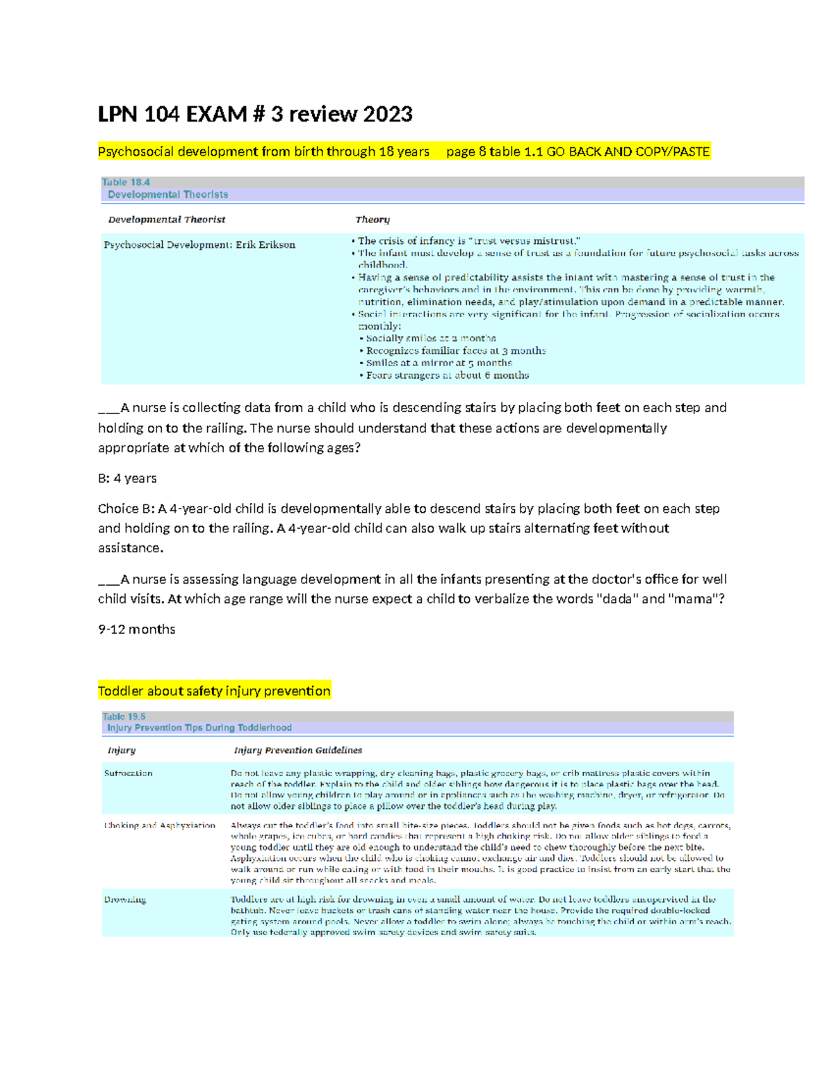 Peds Exam 3 Notes - It Hepl - LPN 104 EXAM # 3 Review 2023 Psychosocial ...