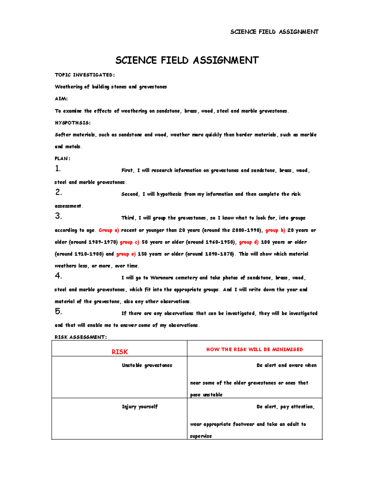 Science HAND IN - n/a - SCIENCE FIELD ASSIGNMENT SCIENCE FIELD ...