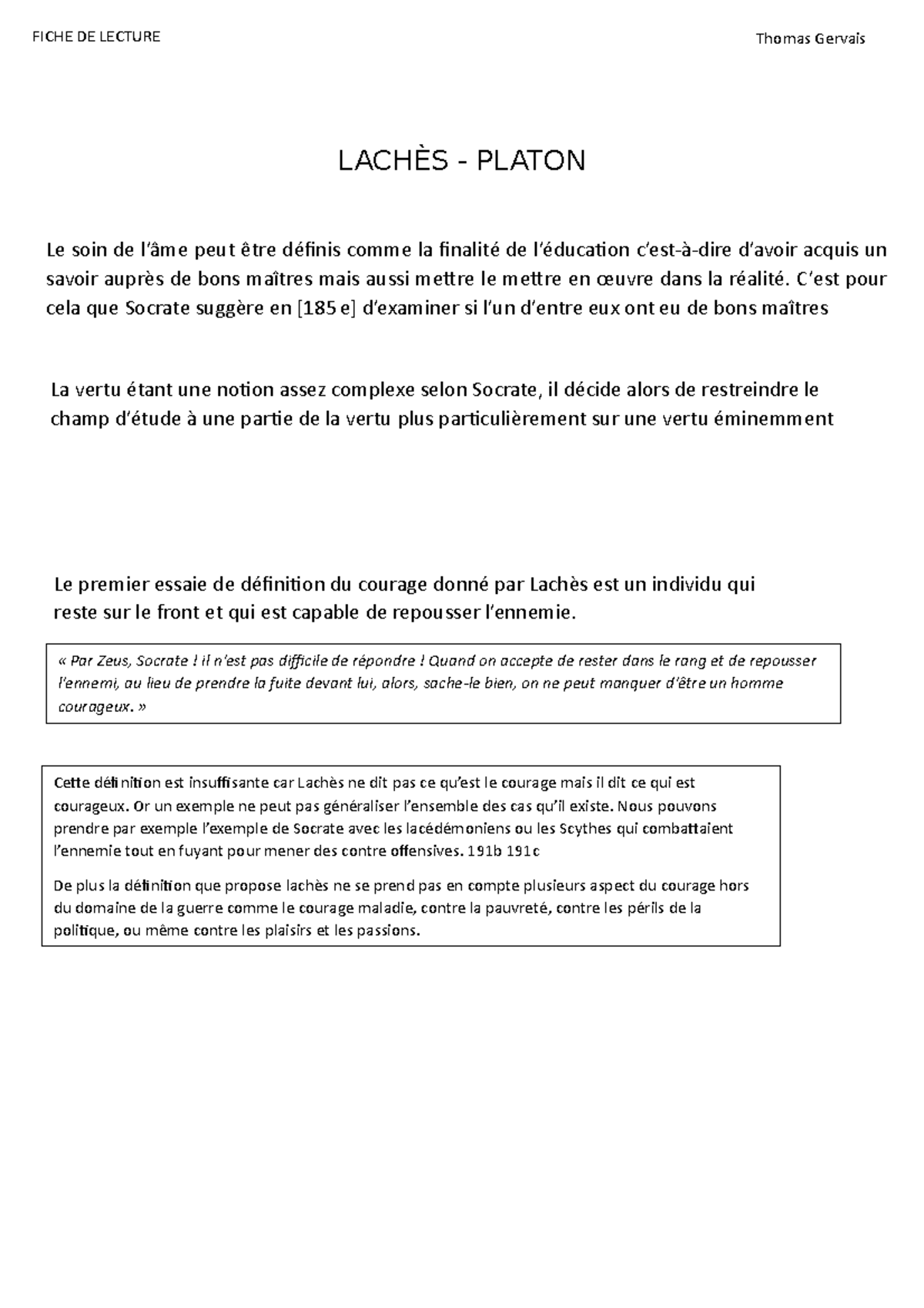 Fiche LACHÈS PLATON Cette définition est insuffisante car Lachès ne