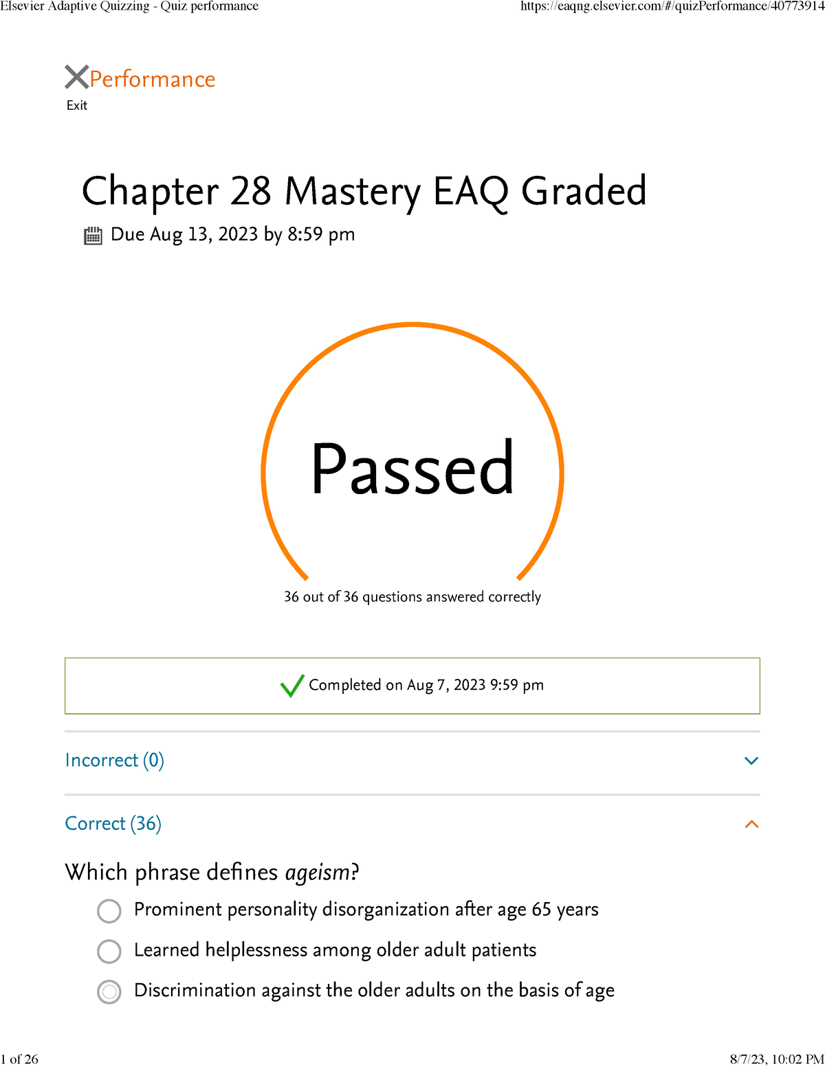 Chapter 28 Psych - Quiz Performance - Exit Performance Chapter 28 ...