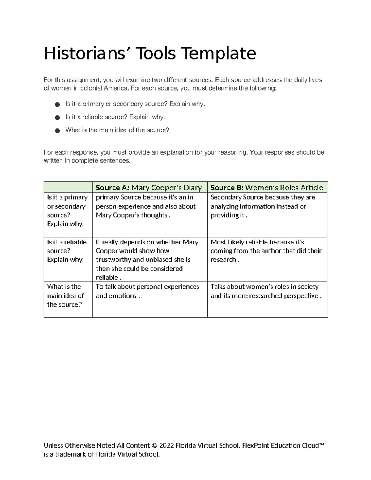 Historians tools template - Historians’ Tools Template For this ...