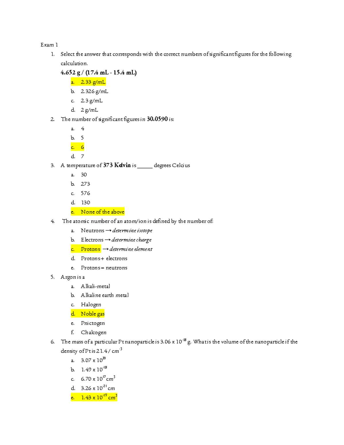 Chemistry 1030 Exam 1 Practice Exam - Exam 1 1. Select the answer that ...