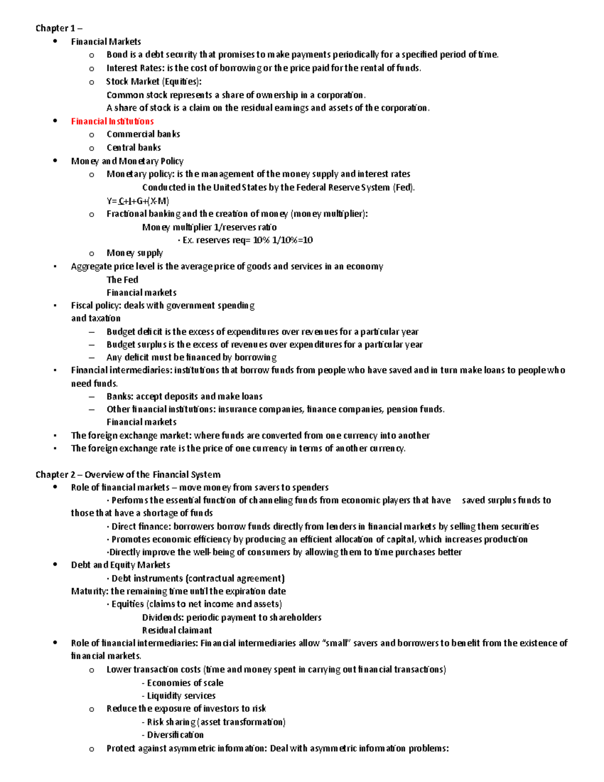 Exam-1 Notes - Review of Exam 1 - Chapter 1 – Financial Markets o Bond ...