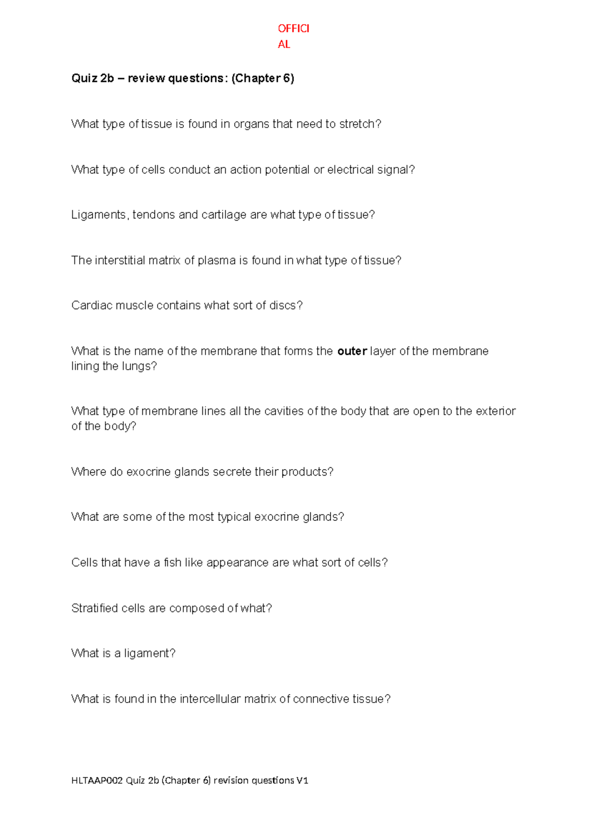 Chapter 6 Quiz 2b revision questions - OFFICI AL Quiz 2b – review ...