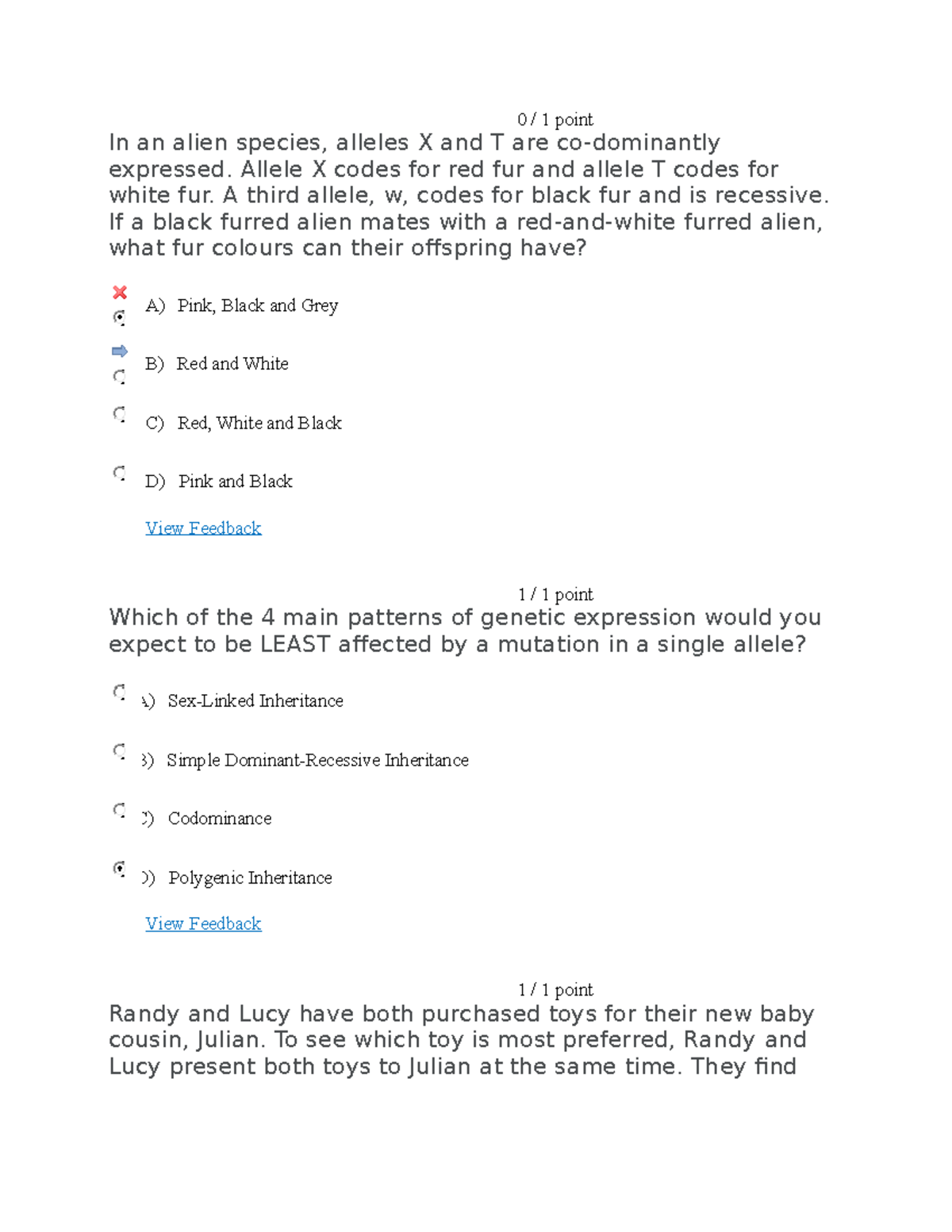 Pysch 3 answer sheet with questions and answers - In an alien species ...