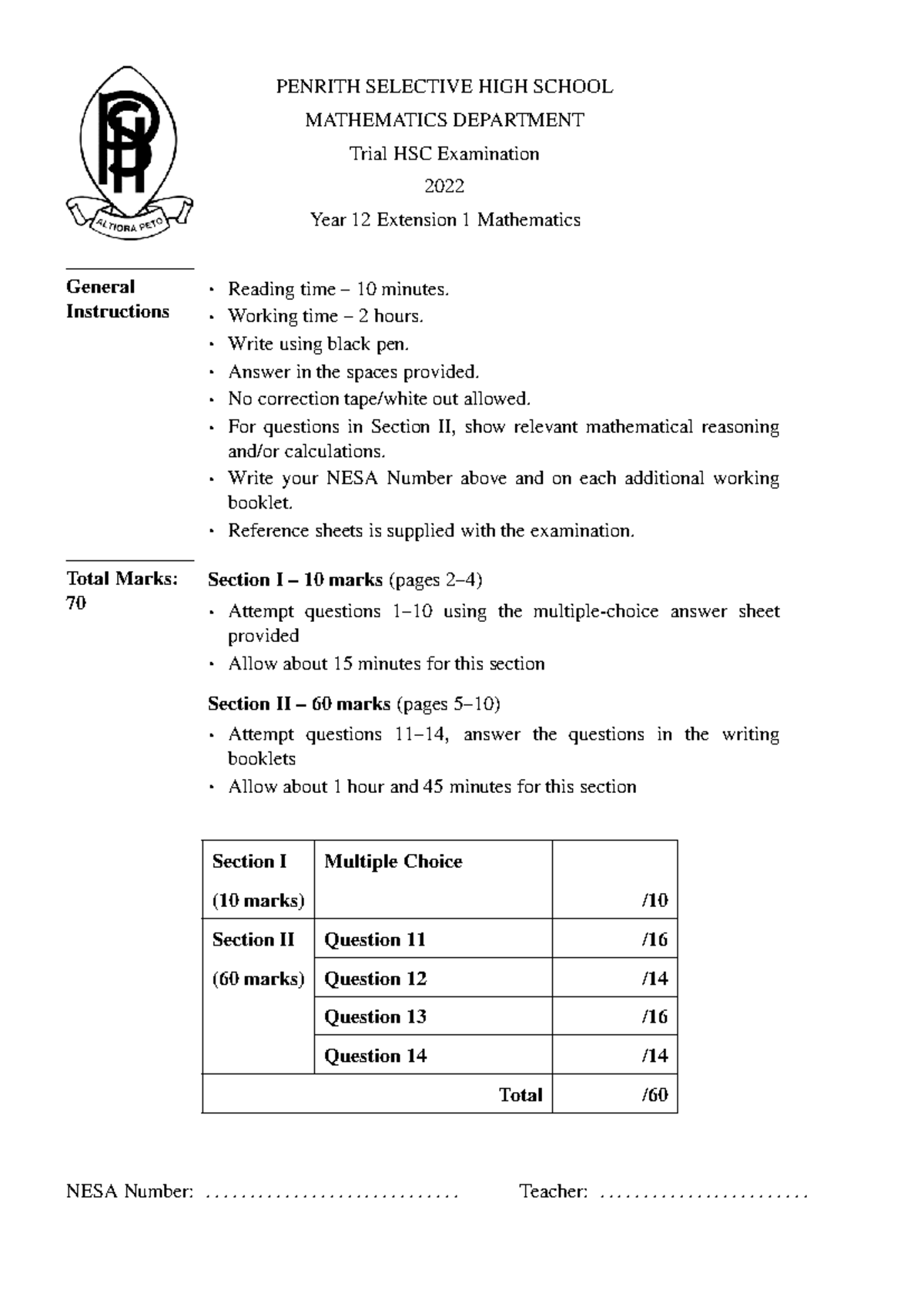 Penrith 2022 Extension 1 Solutions - PENRITH SELECTIVE HIGH SCHOOL ...