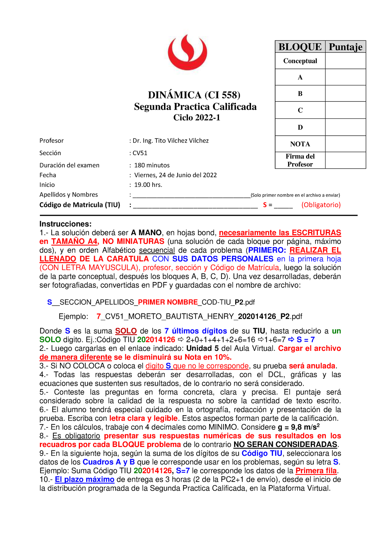 Pc2 Dinamica Upc 2022 1 Cv51 DinÁmica Ci 558 Segunda Practica Calificada Ciclo 2022 3384