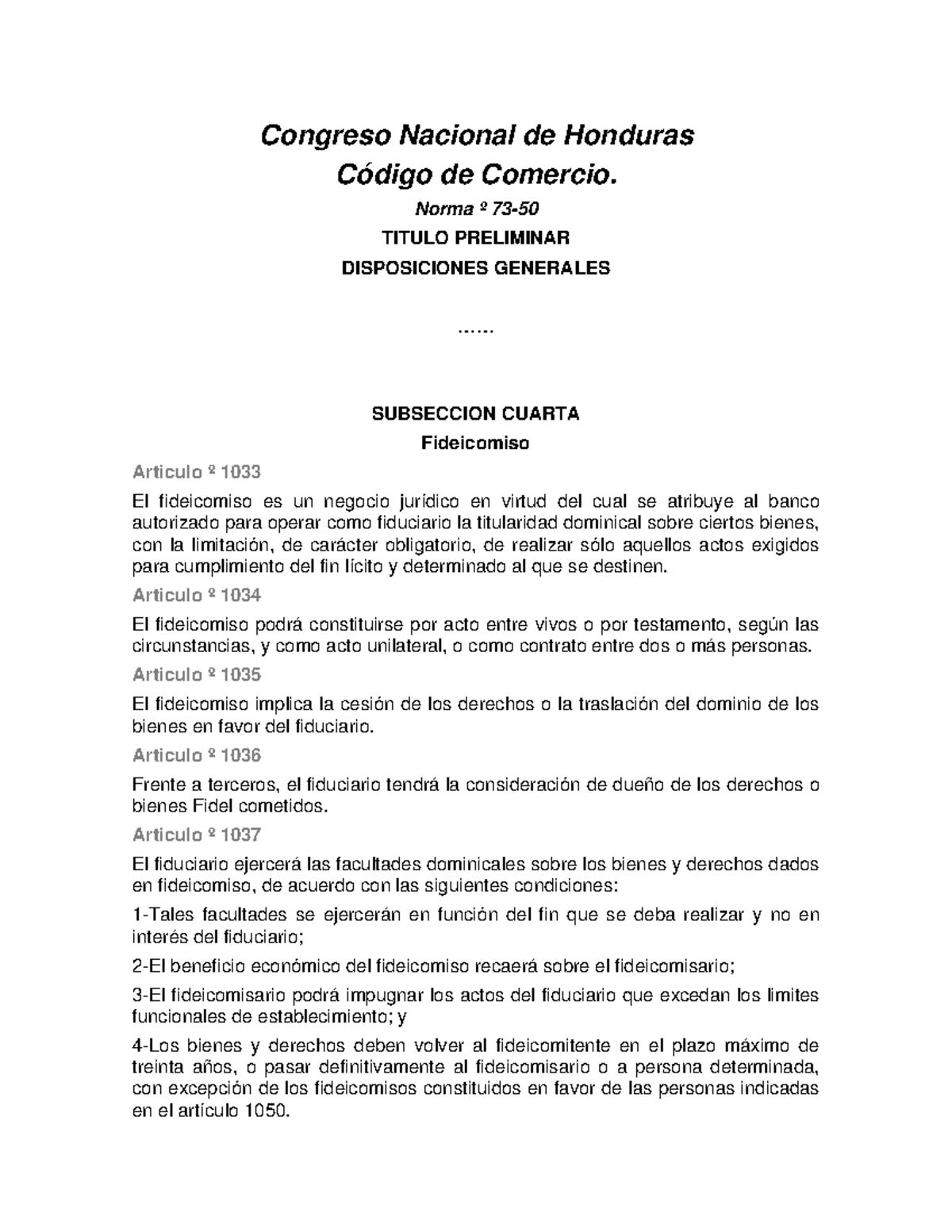 Codígo de Comercio. Congreso Nacional de Honduras Código
