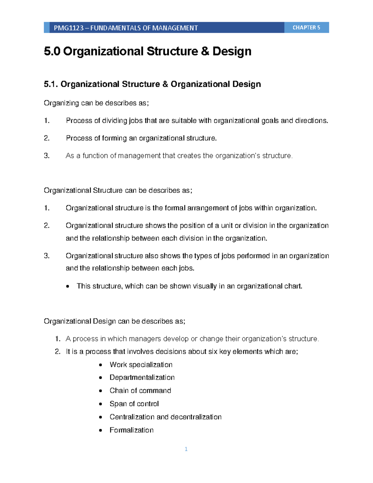 PMG1123 Notes Chapter 5 - 5 Organizational Structure & Design 5 ...