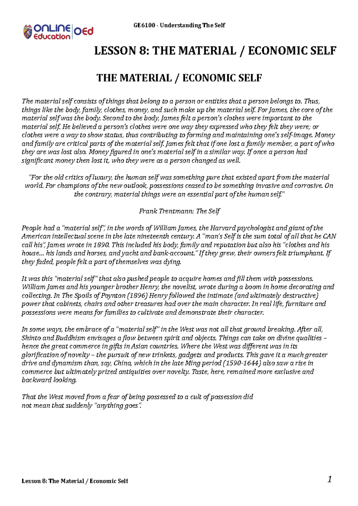 Lesson 8 The Material Economic Self GE6100 Understanding The Self LESSON 8 THE MATERIAL