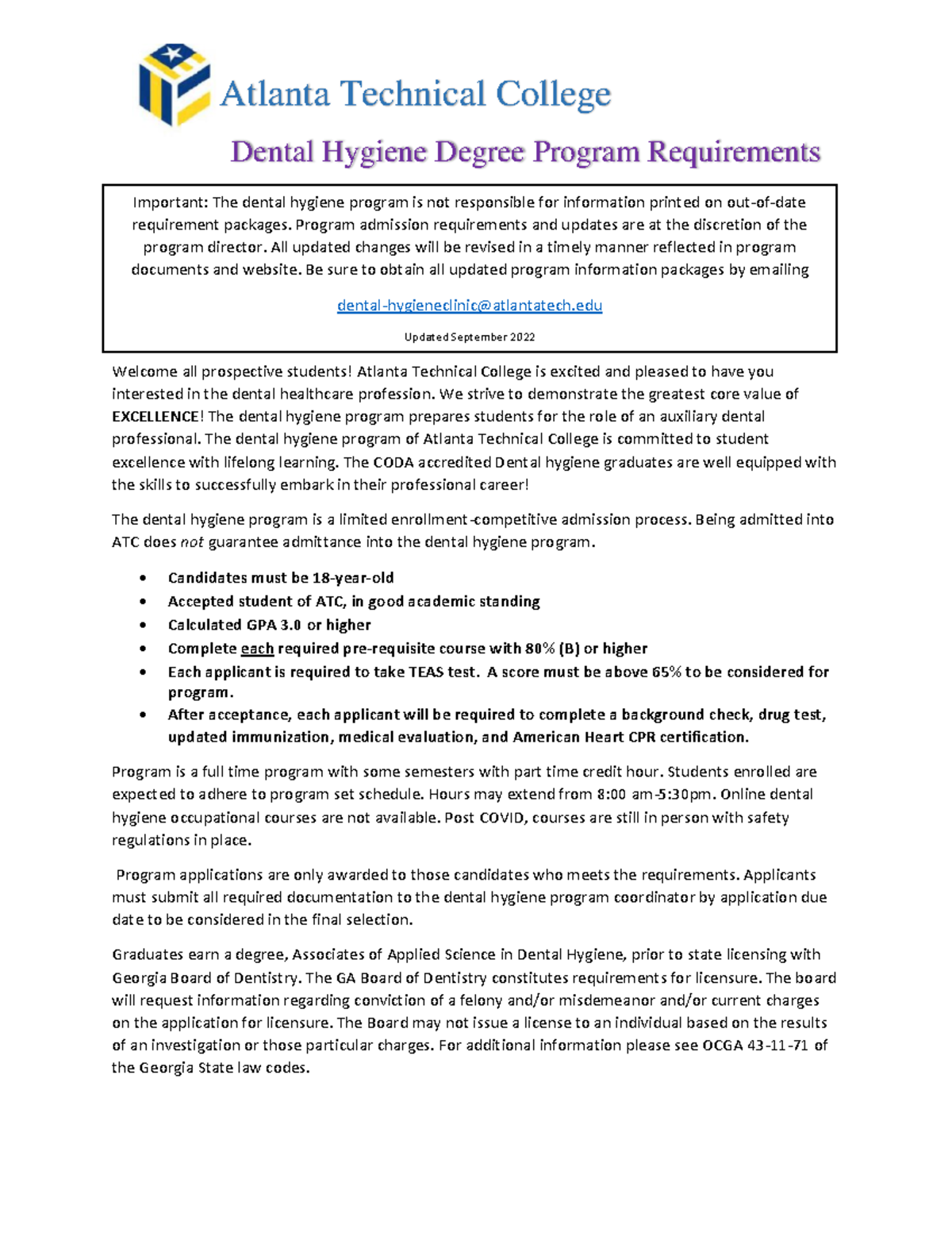 Student Inquiry Dental Hygiene Program Information Sheet updated ...