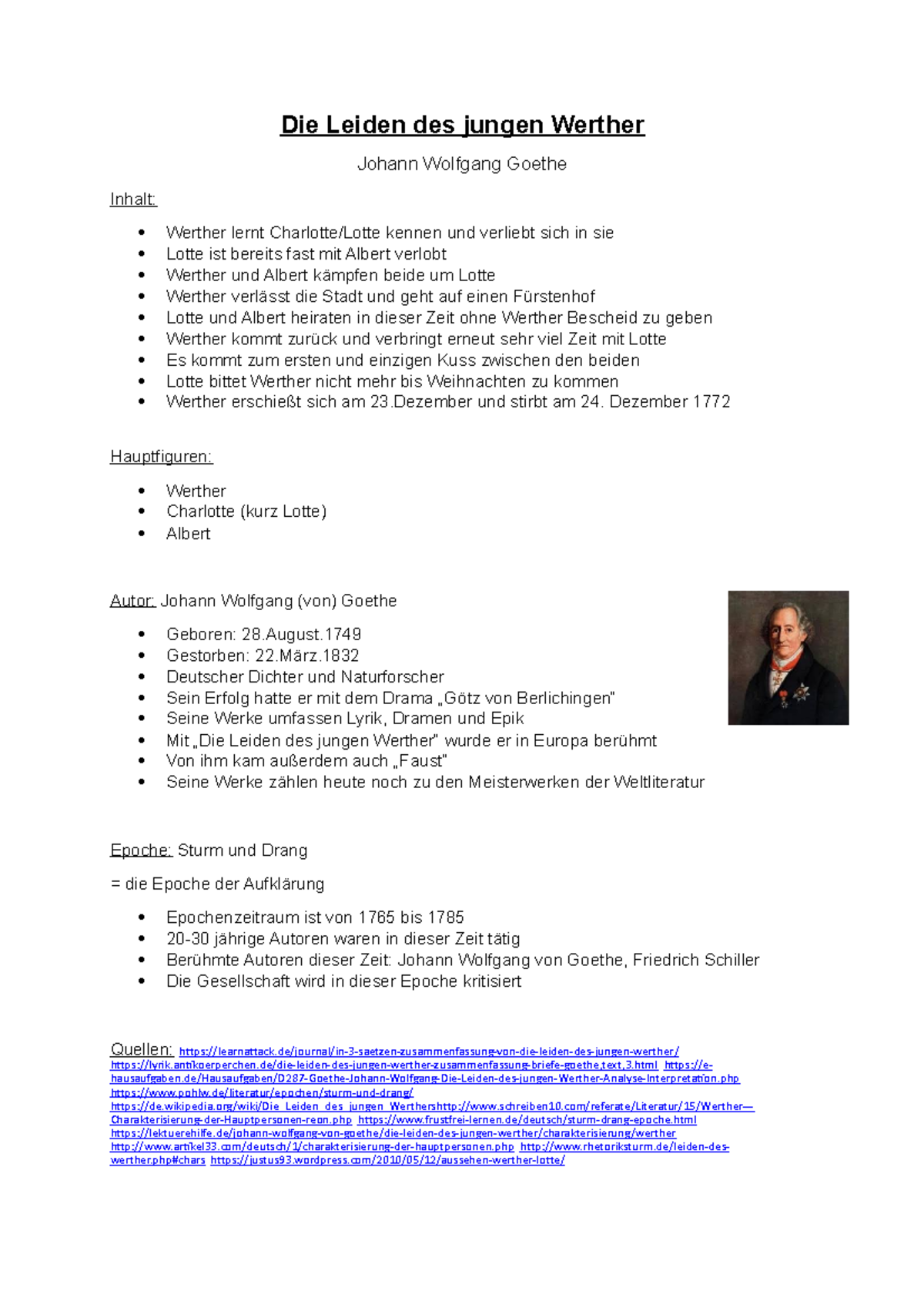 Die Leiden des jungen Werther Handout - Die Leiden des jungen Werther