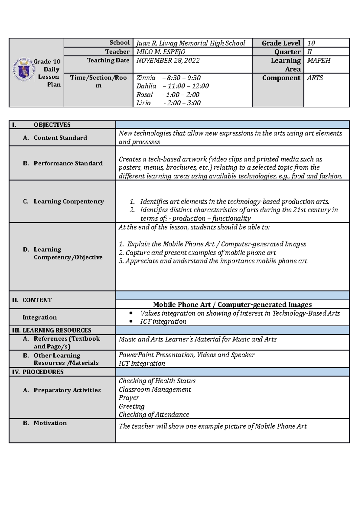 November 23 2022 G10 Mapeh - Grade 10 Daily Lesson Plan School Juan R 