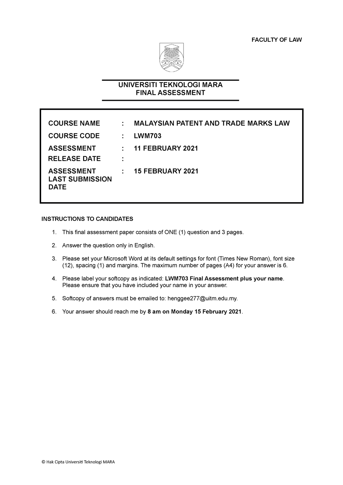 Lwm703 Final Assessment 2021 Feb Question Intellectual Property Law Studocu