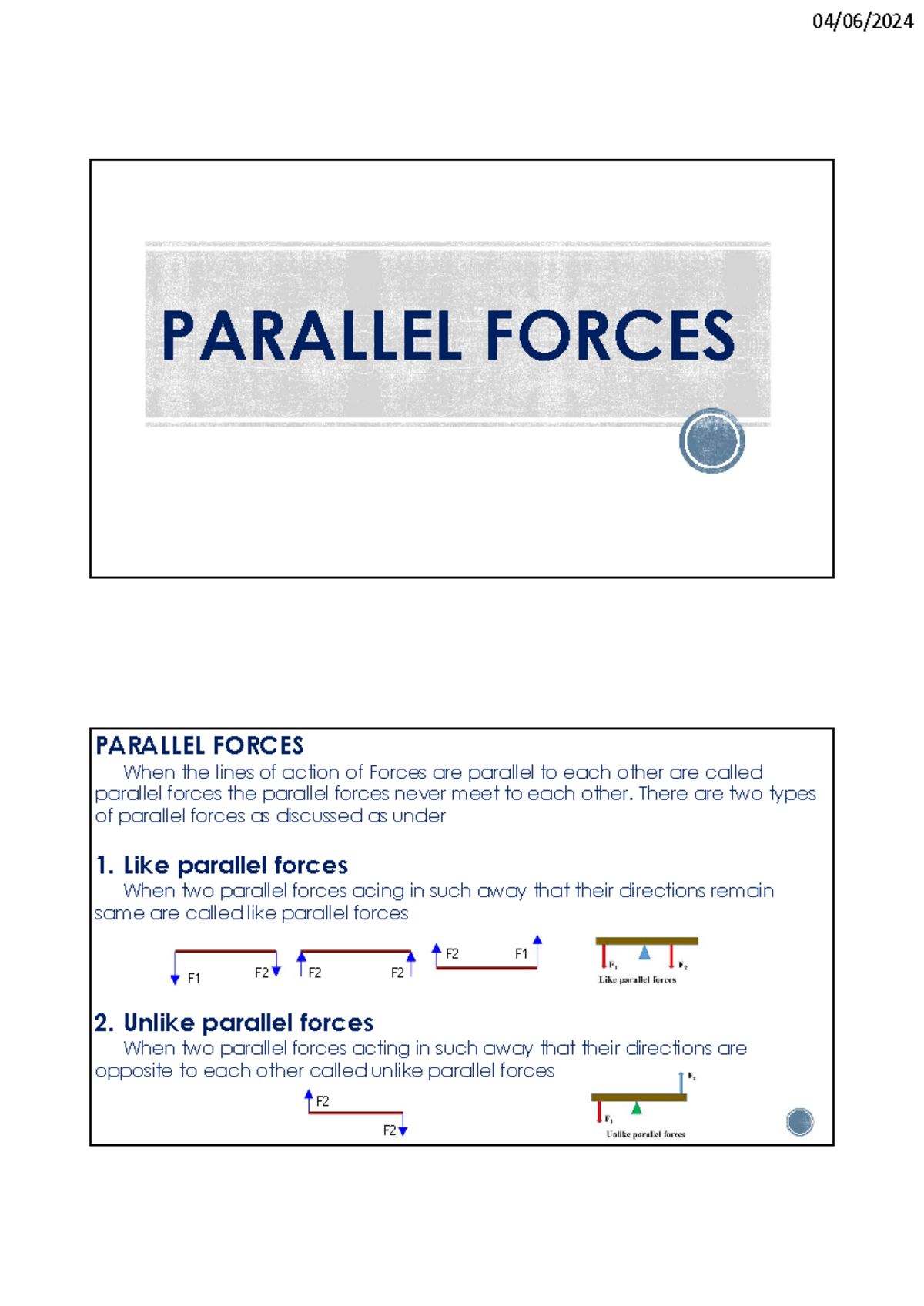 Parallel Forces - PARALLEL FORCES PARALLEL FORCES When the lines of ...