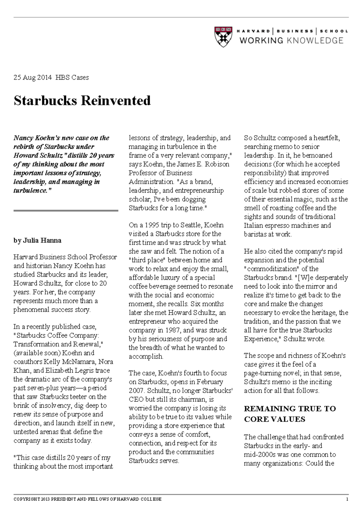 Document 25 Aug 2014 HBS Cases Starbucks Reinvented Nancy Koehn's new