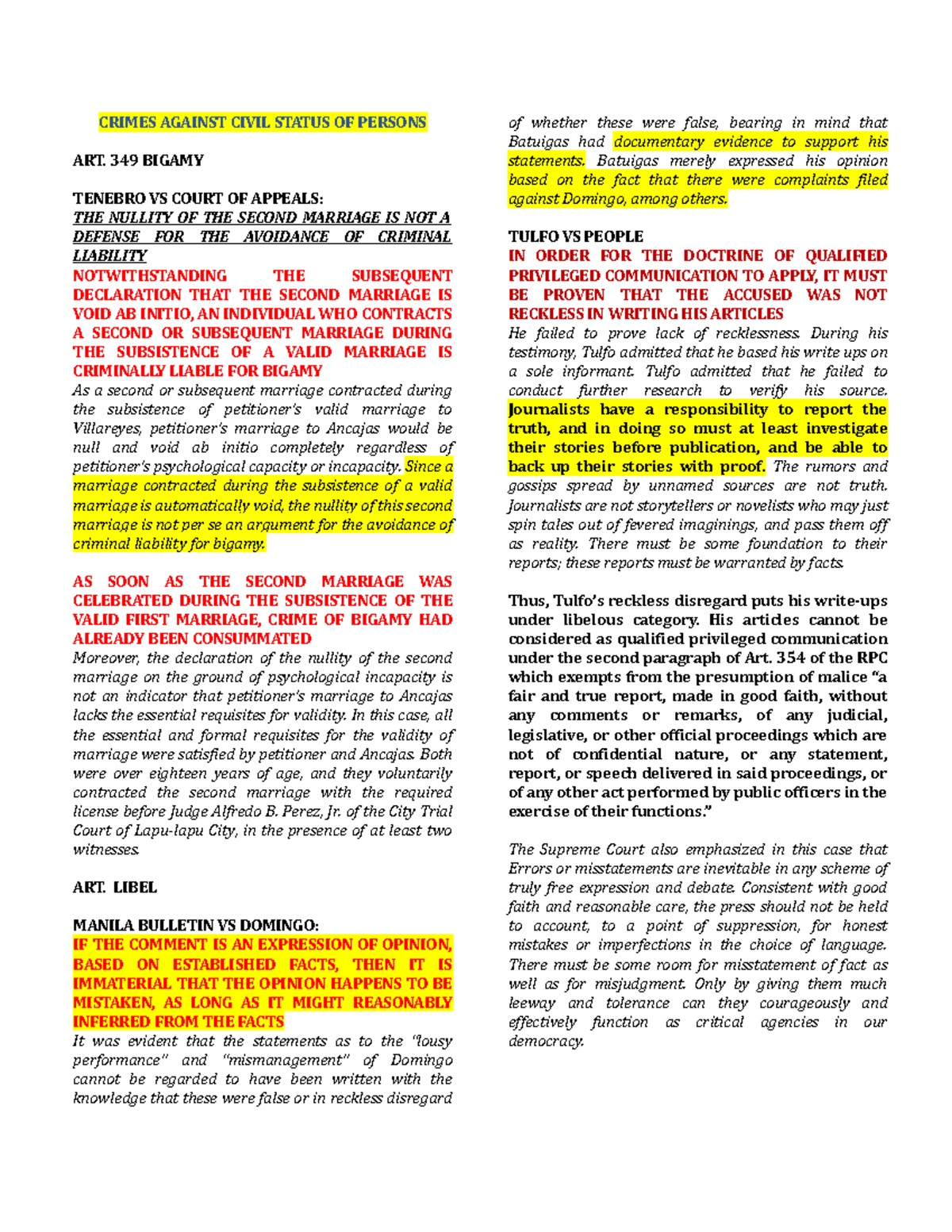 CASE Doctrines - CRIMES AGAINST CIVIL STATUS OF PERSONS ART. 349 BIGAMY ...
