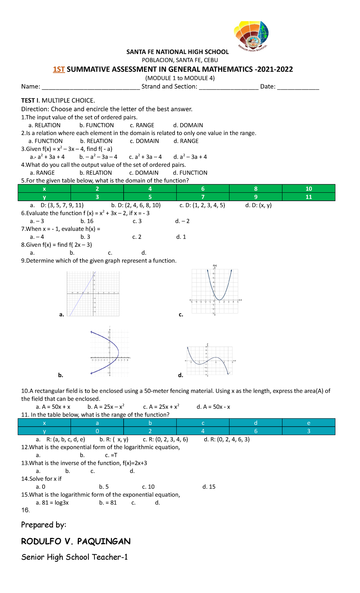 1st Summative Assessment IN General Mathematics ( Module 1 and Module 2 ...