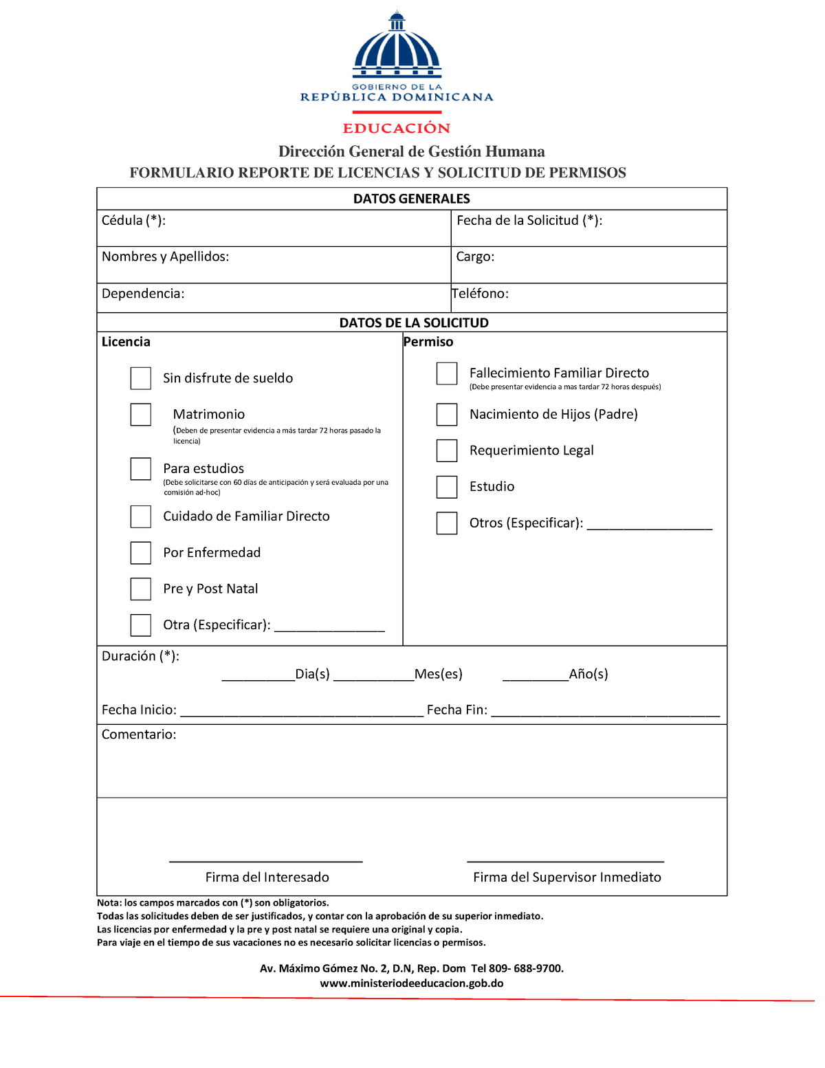 Formulario Reporte De Licencias Y Solicitud De Permisos Av Máximo Gómez No 2 D Rep Dom 3267