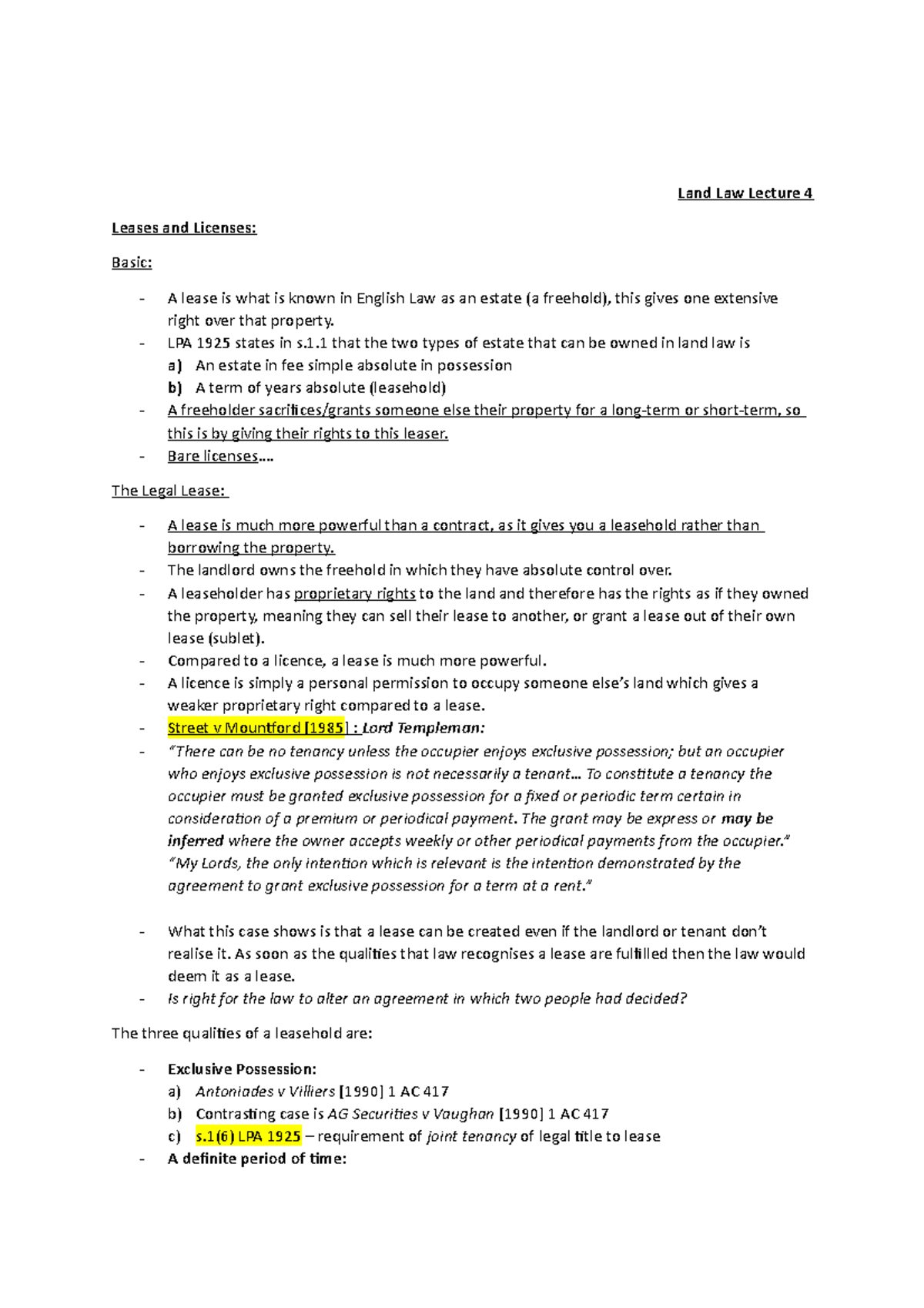 Lecture 4 Leases and Licences Land Law Lecture 4 Leases and Licenses