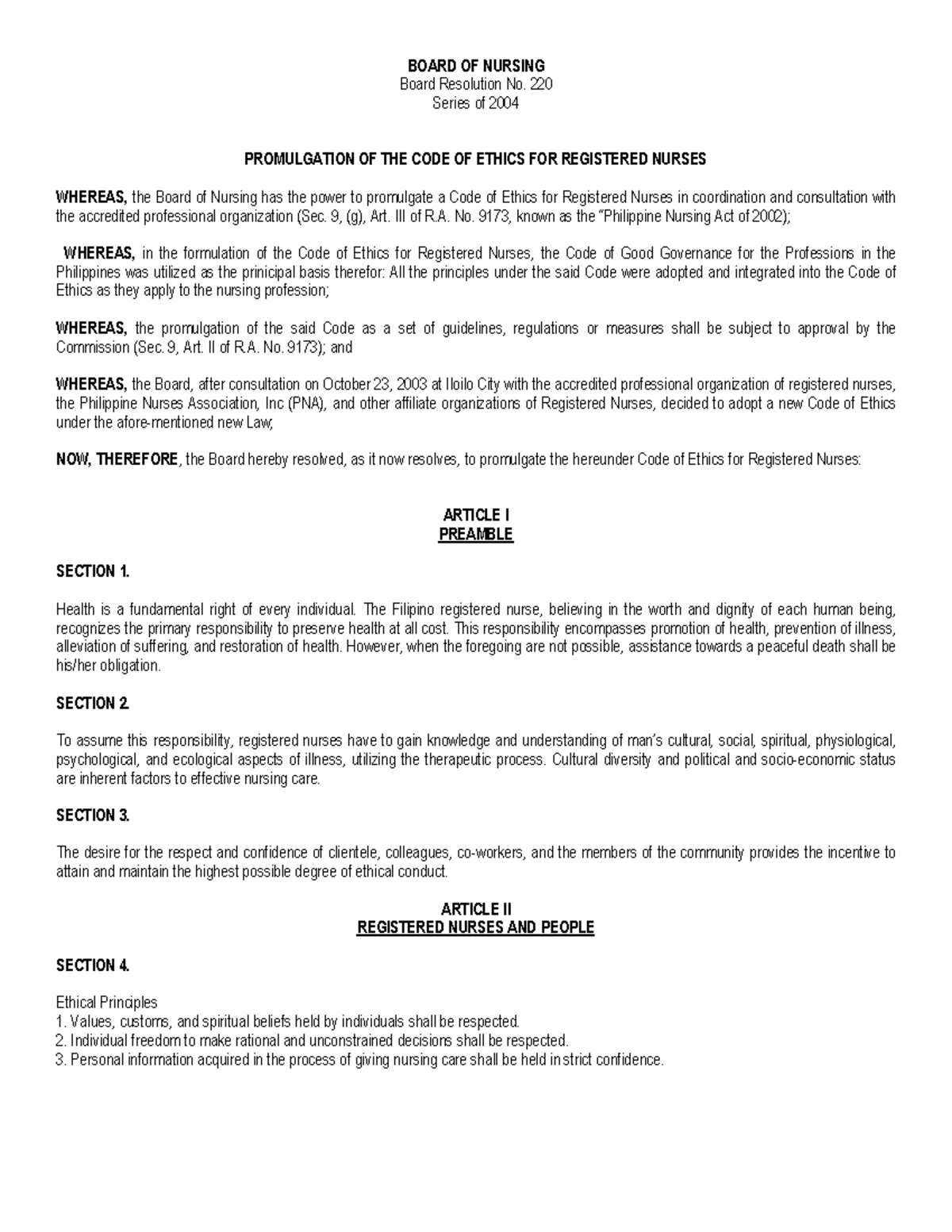 CODE OF Ethics - BOARD OF NURSING Board Resolution No. 220 Series of ...