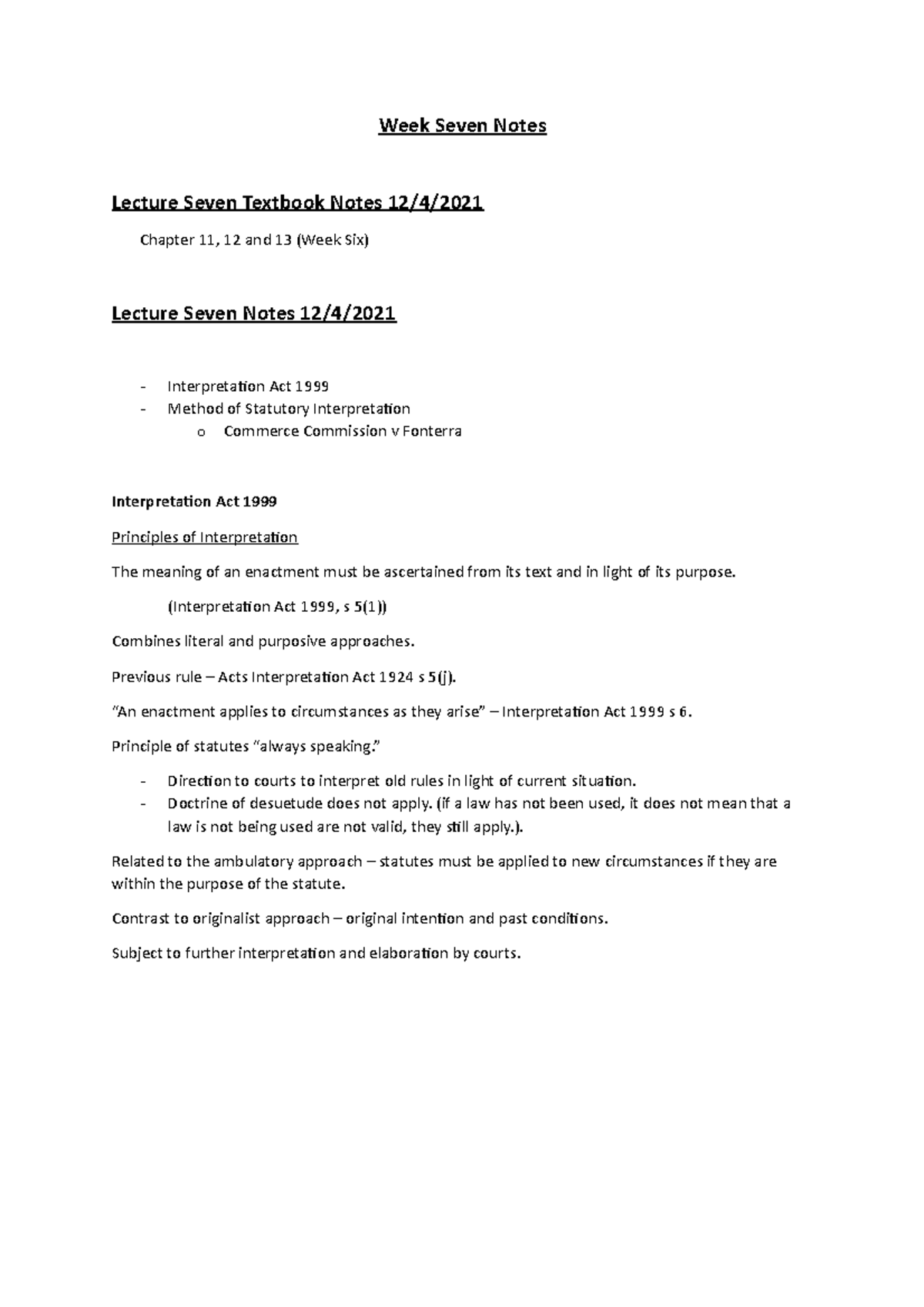 Statutory Interpretation II Lecture Notes - Week Seven Notes Lecture ...