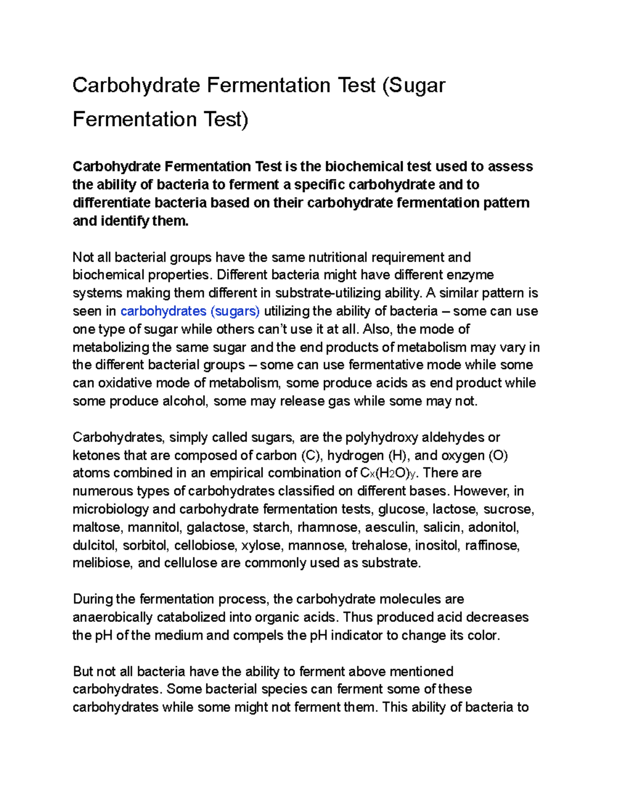 Carb Fermentation Carbohydrate Fermentation Test (Sugar Fermentation
