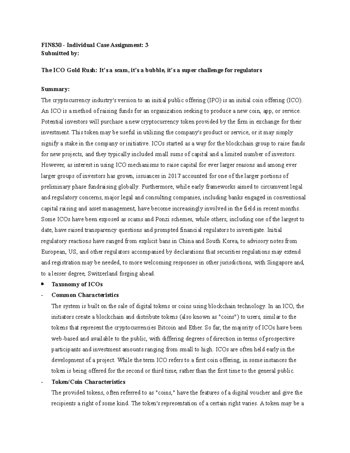 FIN830 - ICOs - Lecture notes Part 2 - FIN830 - Individual Case ...