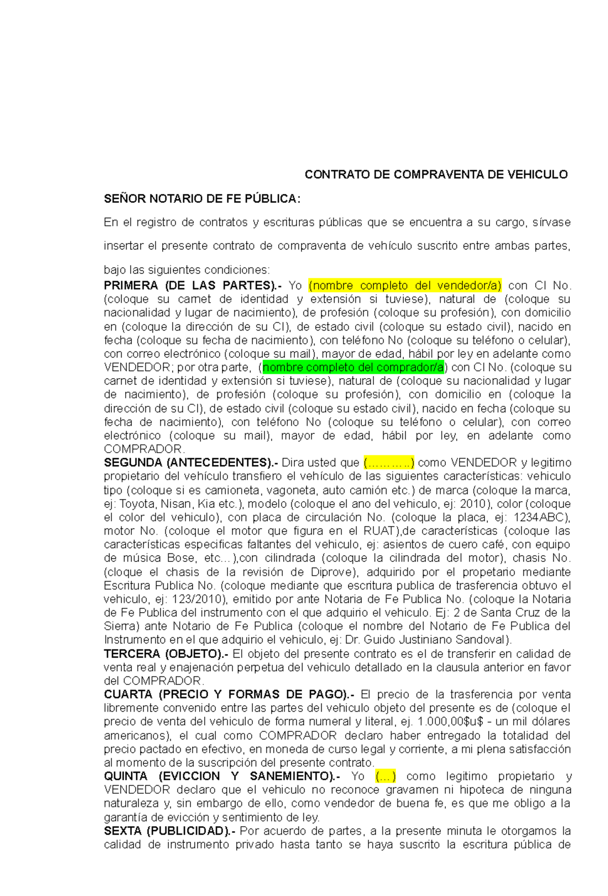 Modelo 6 Contrato De Venta De Vehiculo Contrato De Compraventa De