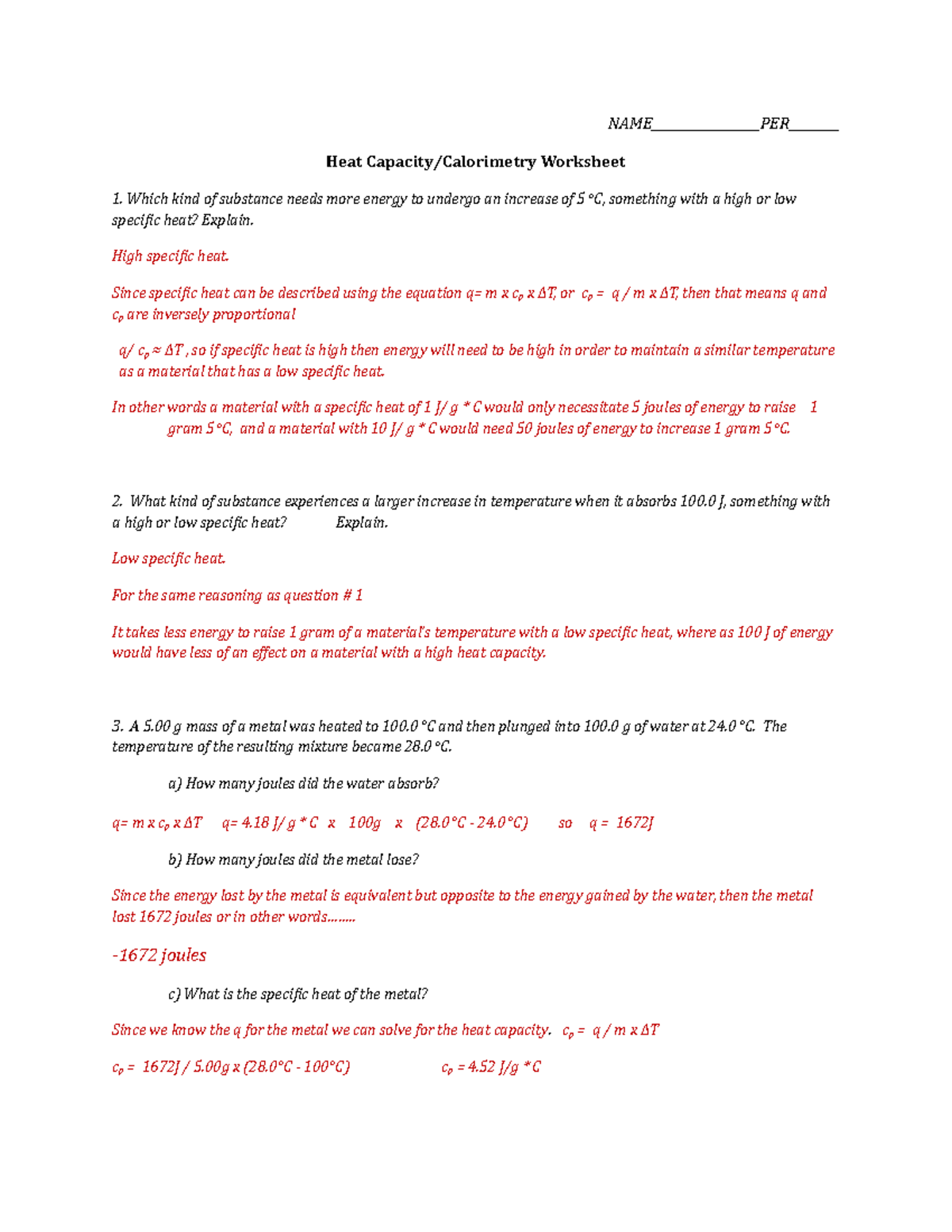 Heat Capacity Calorimetry Worksheet answers -  NAME_________________PER________ Heat - Studocu