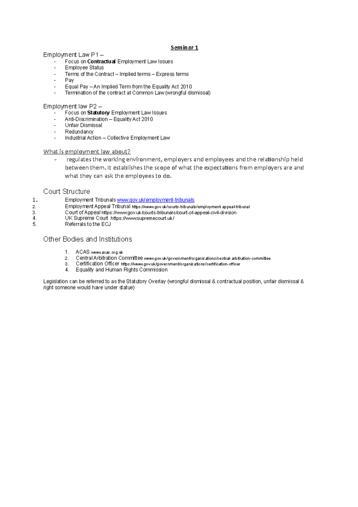 Seminar 1 and lecture 1 - Seminar 1 Employment Law P1 – Focus on ...