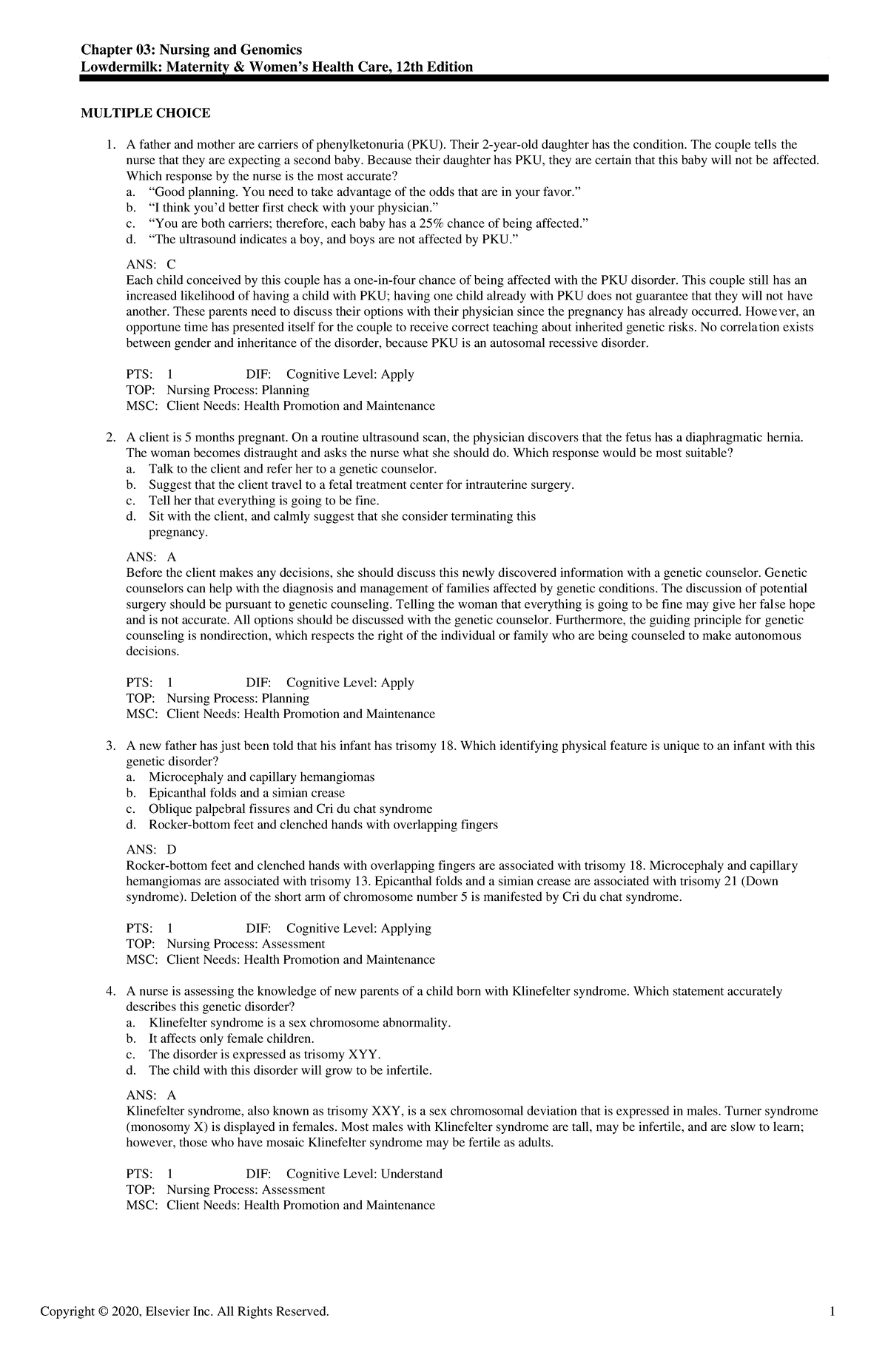 Nursing and Genomics: Multiple Choice Questions - Studocu