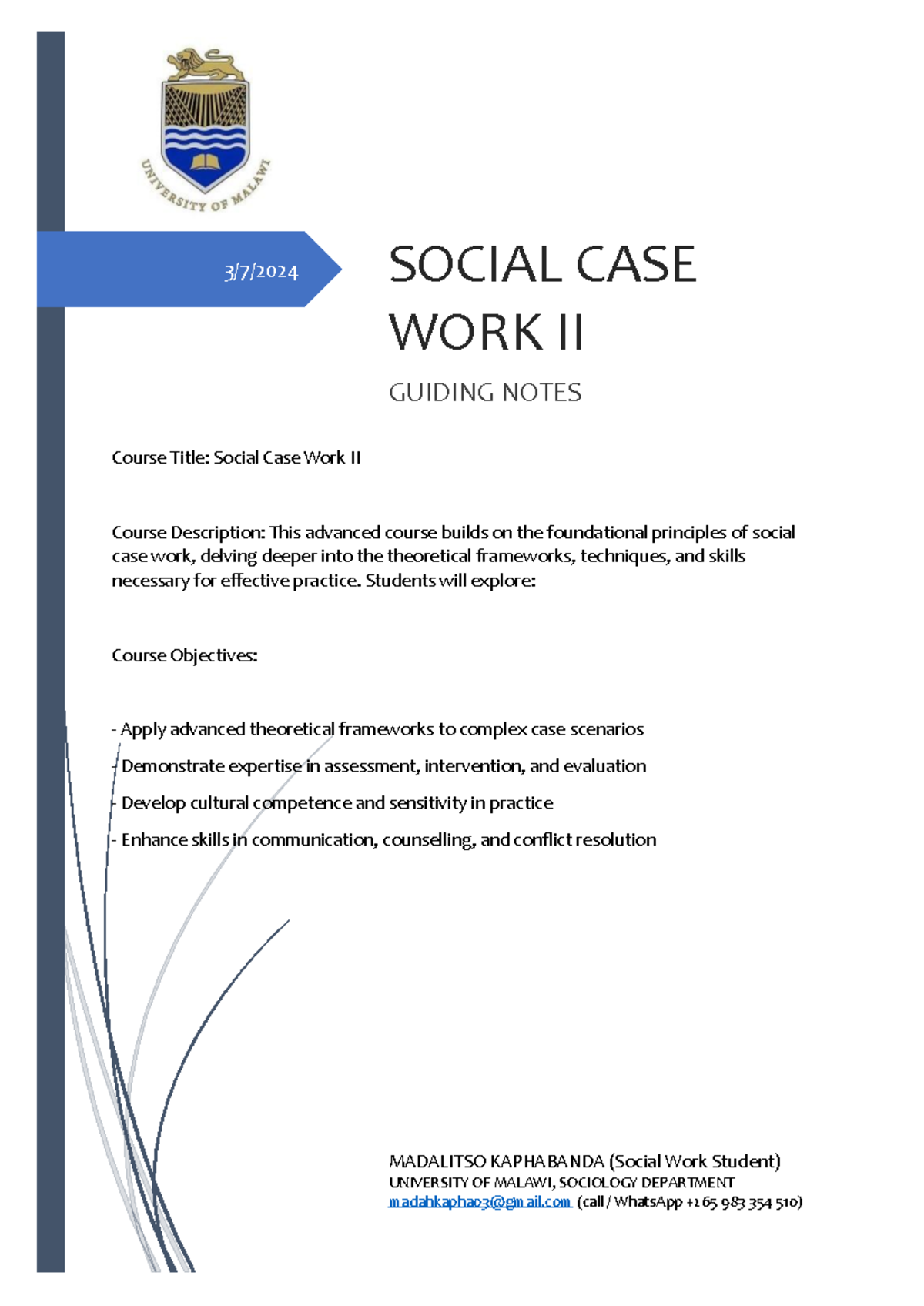 Social Case Work II - 3/7/ Course Title: Social Case Work II Course ...