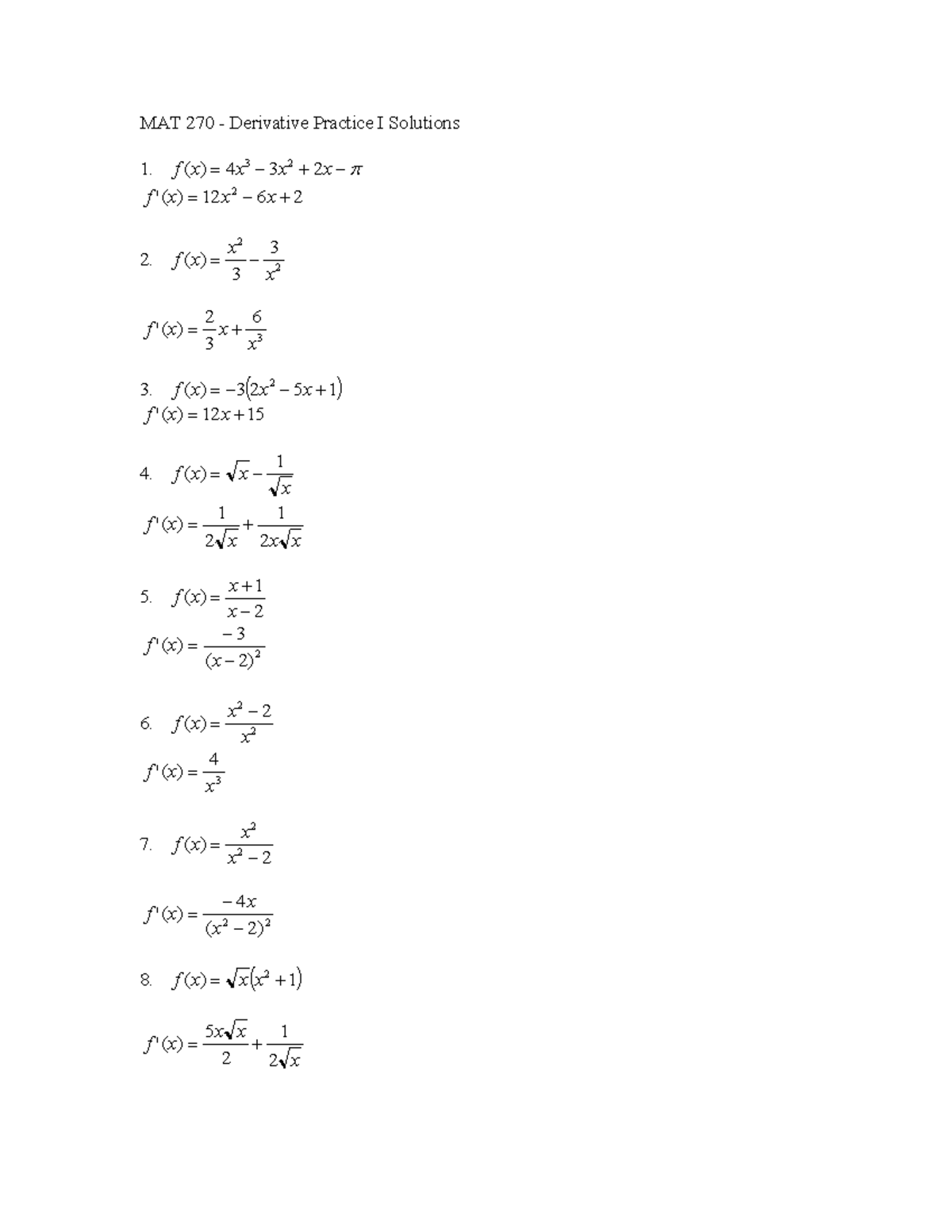Derivatives 1 key - Quiz - MAT 270 - Derivative Practice I Solutions 1 ...