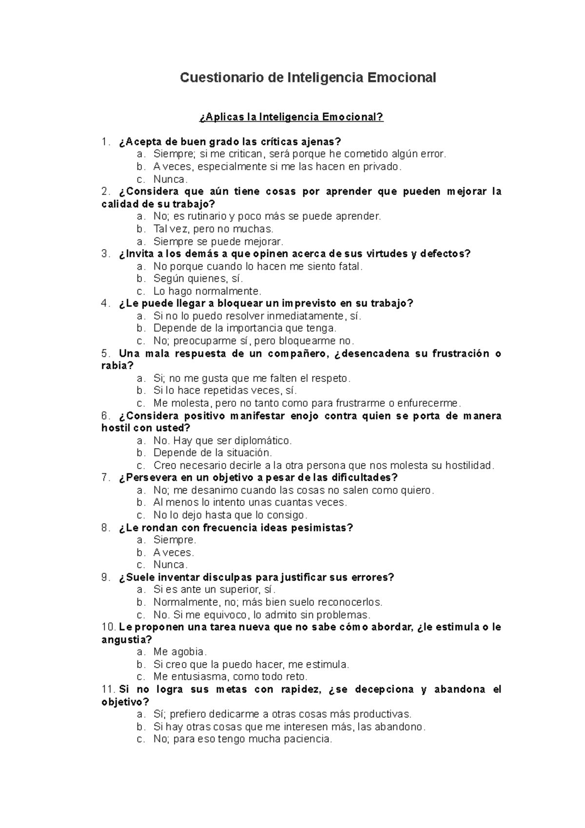 Indicaciones Para Realizar El Cuestionario De Inteligencia Emocional