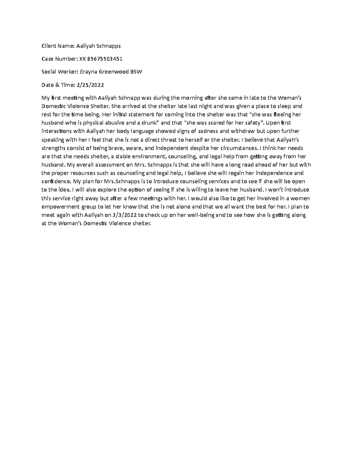 Case Note Lab 1 SW 370 - Here is an example of how to not write a case ...