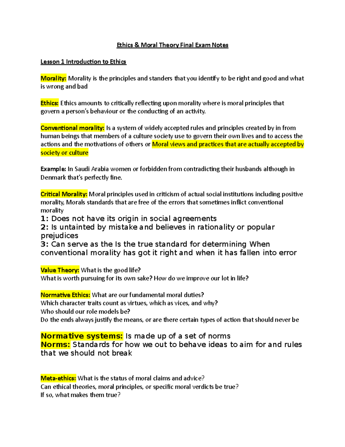 Ethics & Moral Theory (Final Exam Notes) Ethics & Moral Theory Final Exam Notes Lesson 1 Studocu