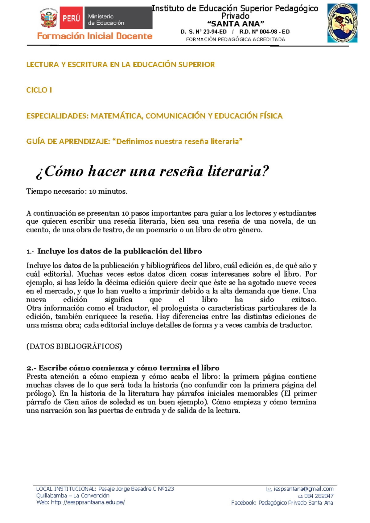 COMO Elaborar Reseña Literaria - Privado “SANTA ANA” D. S. Nº 23-94-ED ...