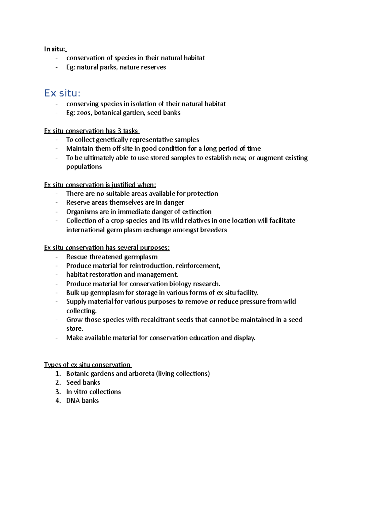 Ex situ conservation of plants - In situ: - conservation of species in ...