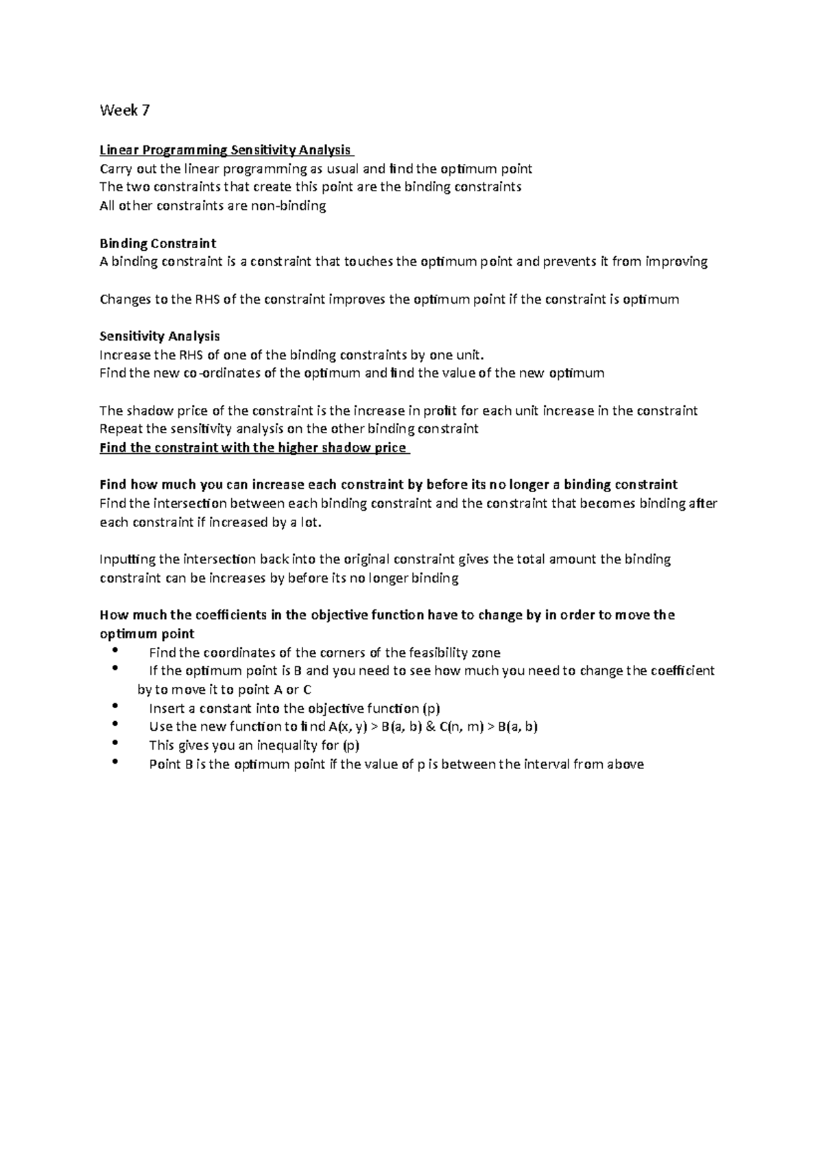 Week 7 - Summary of lecture 7 - Week 7 Linear Programming Sensitivity ...