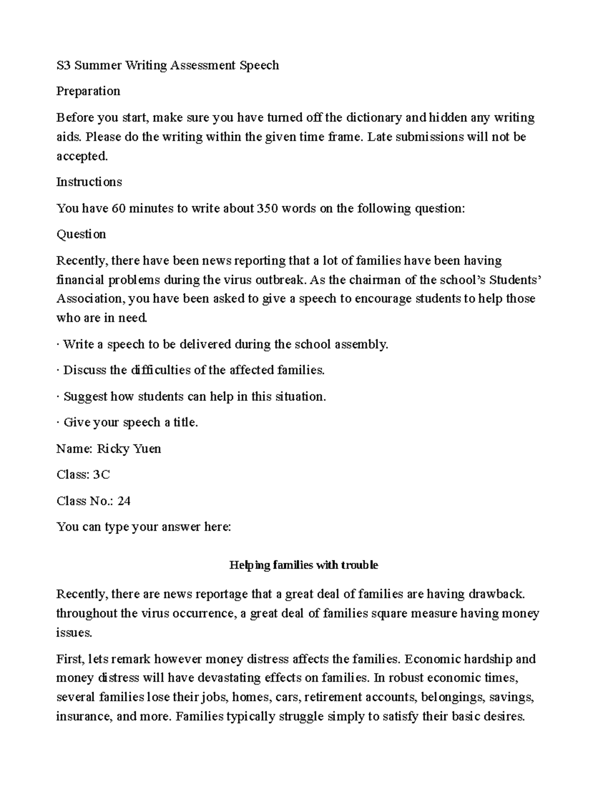 Week 2 S3 Summer Work Speech Writing - S3 Summer Writing Assessment ...