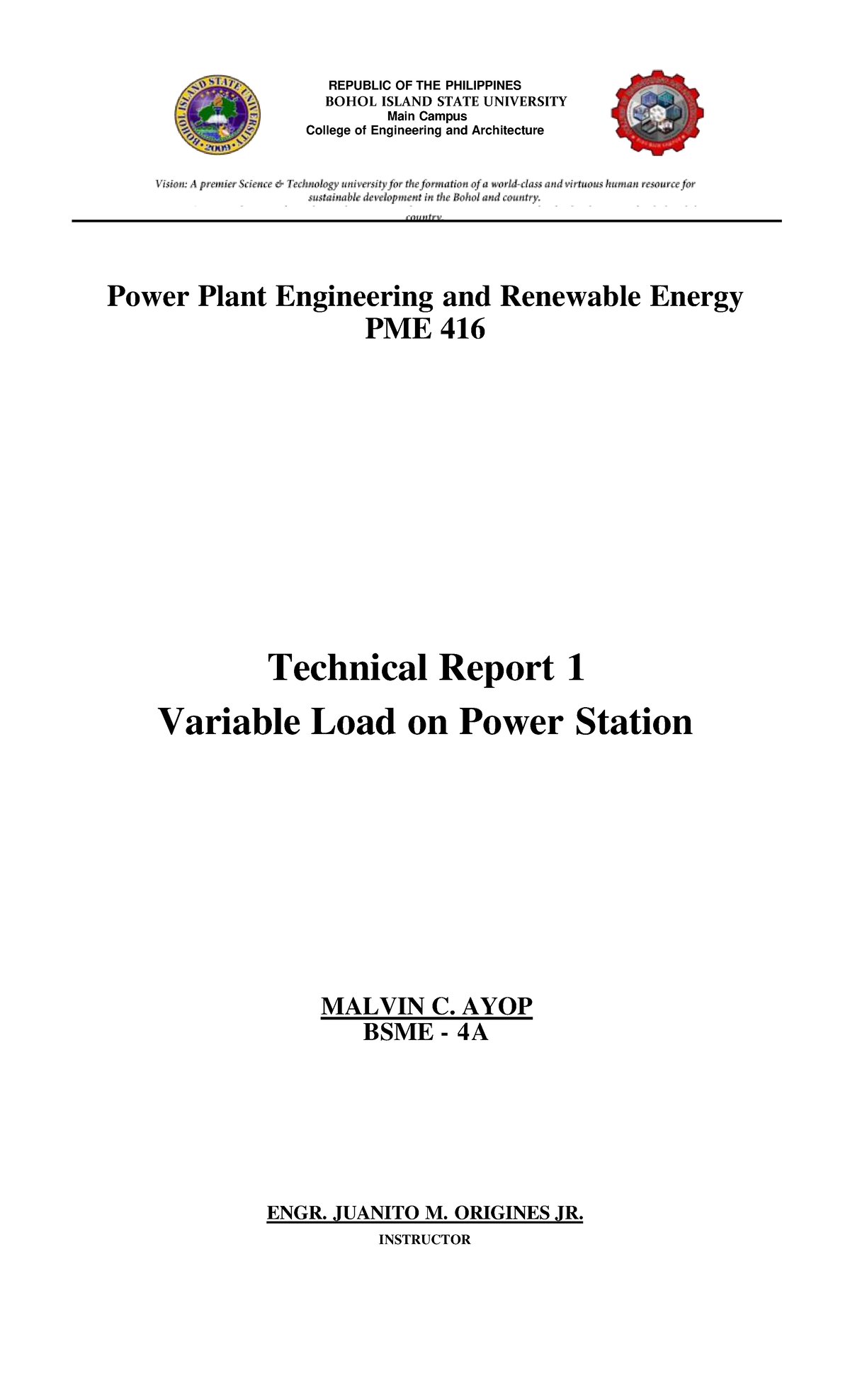 AYOP. Technical Report 1.PME416 REPUBLIC OF THE PHILIPPINES BOHOL