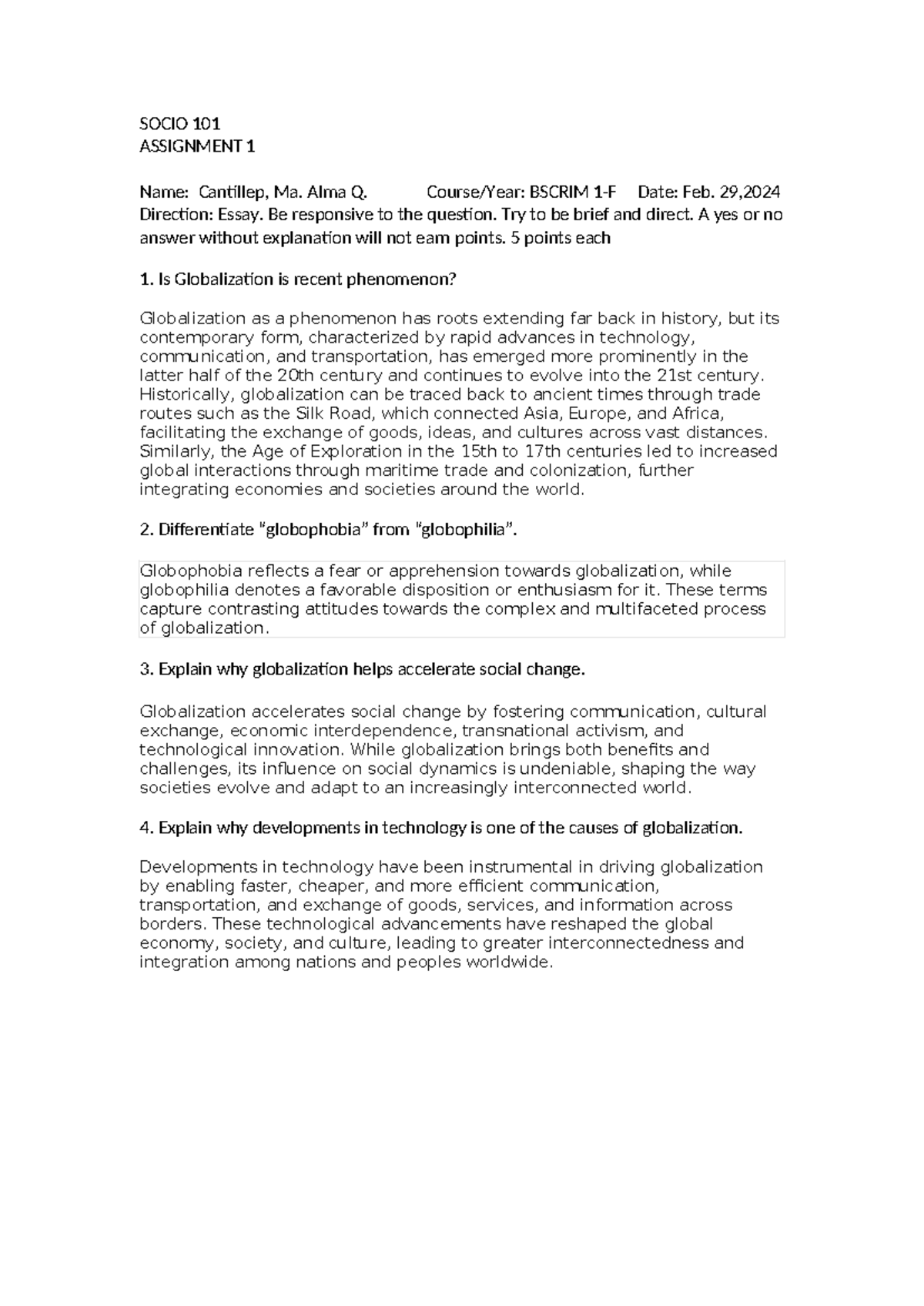 Socio 101 GLOBALIZATION - SOCIO 101 ASSIGNMENT 1 Name: Cantillep, Ma ...