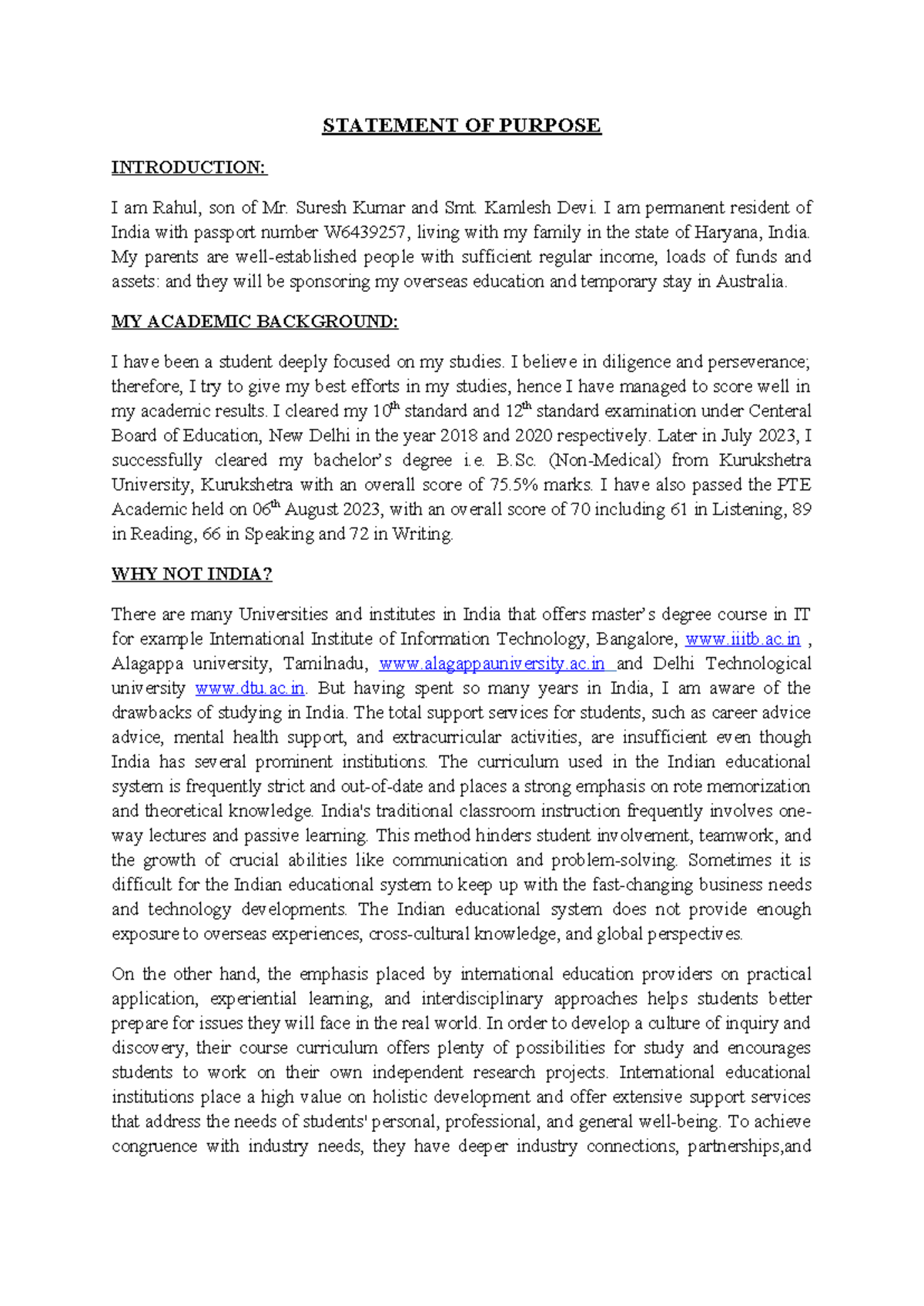 Statement OF Purpose - STATEMENT OF PURPOSE INTRODUCTION: I am Rahul ...