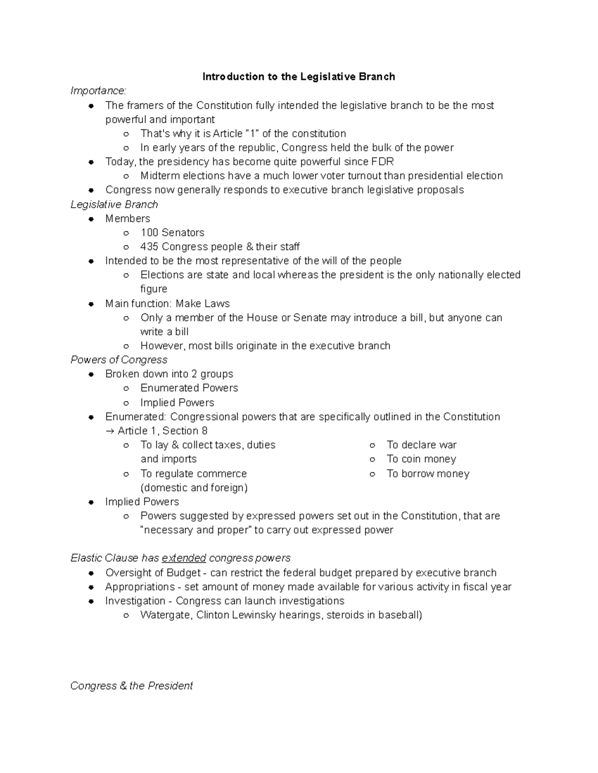 Congress Notes - Introduction to the Legislative Branch Importance: The ...