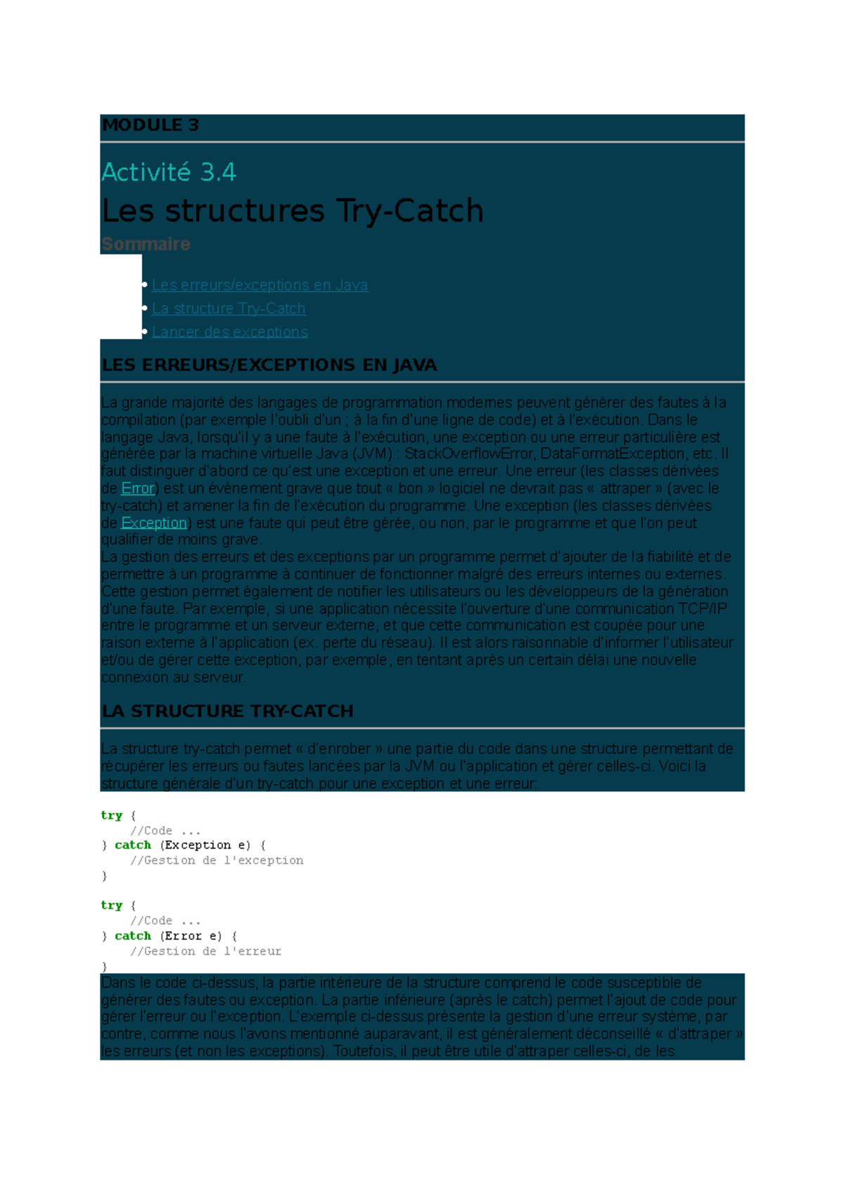 Module 3 - VVS - MODULE 3 Activité 3. Les structures Try-Catch Sommaire ...