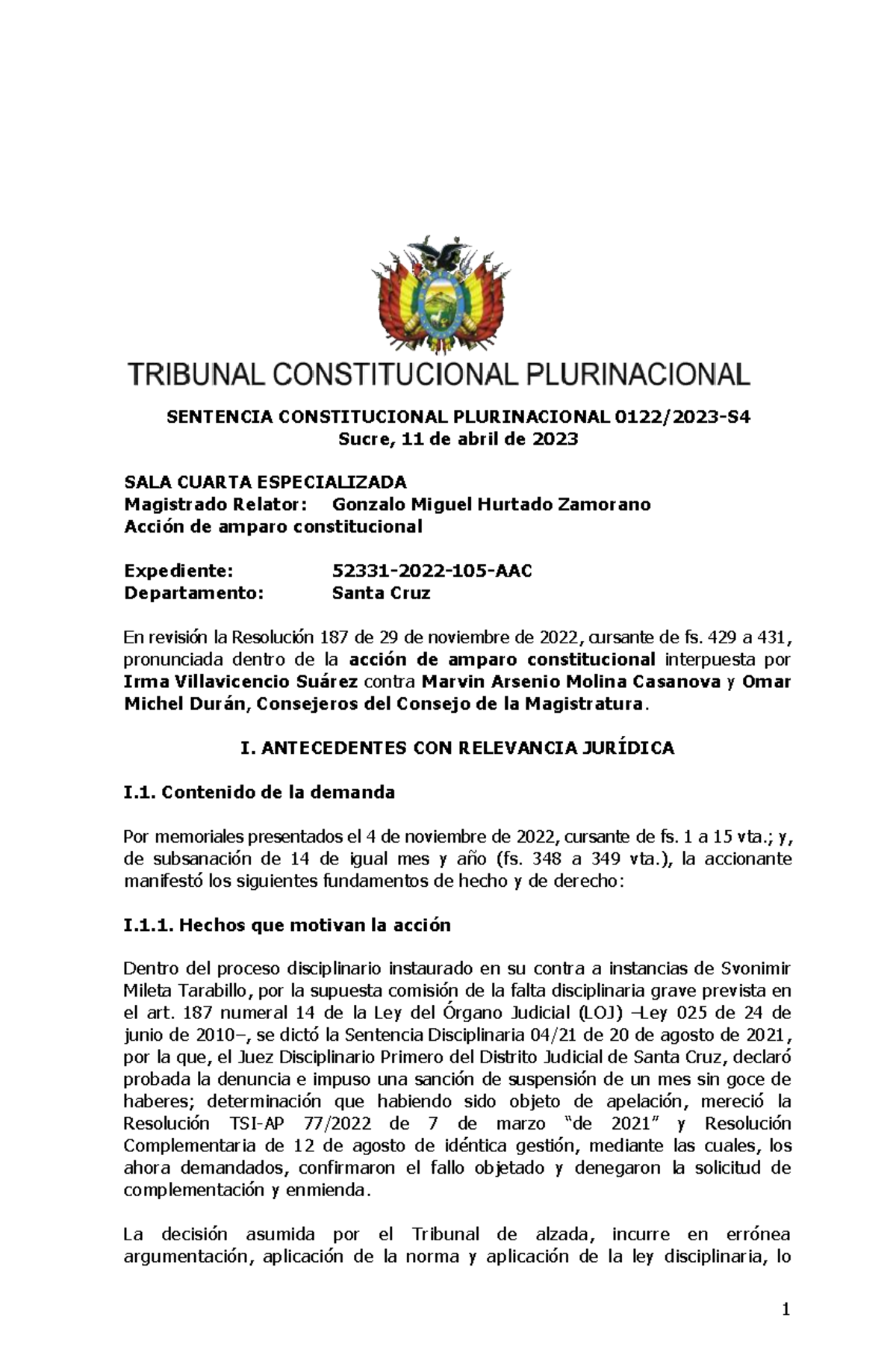 Sentencia 0122 2023-S4 - SENTENCIA CONSTITUCIONAL PLURINACIONAL 0122/