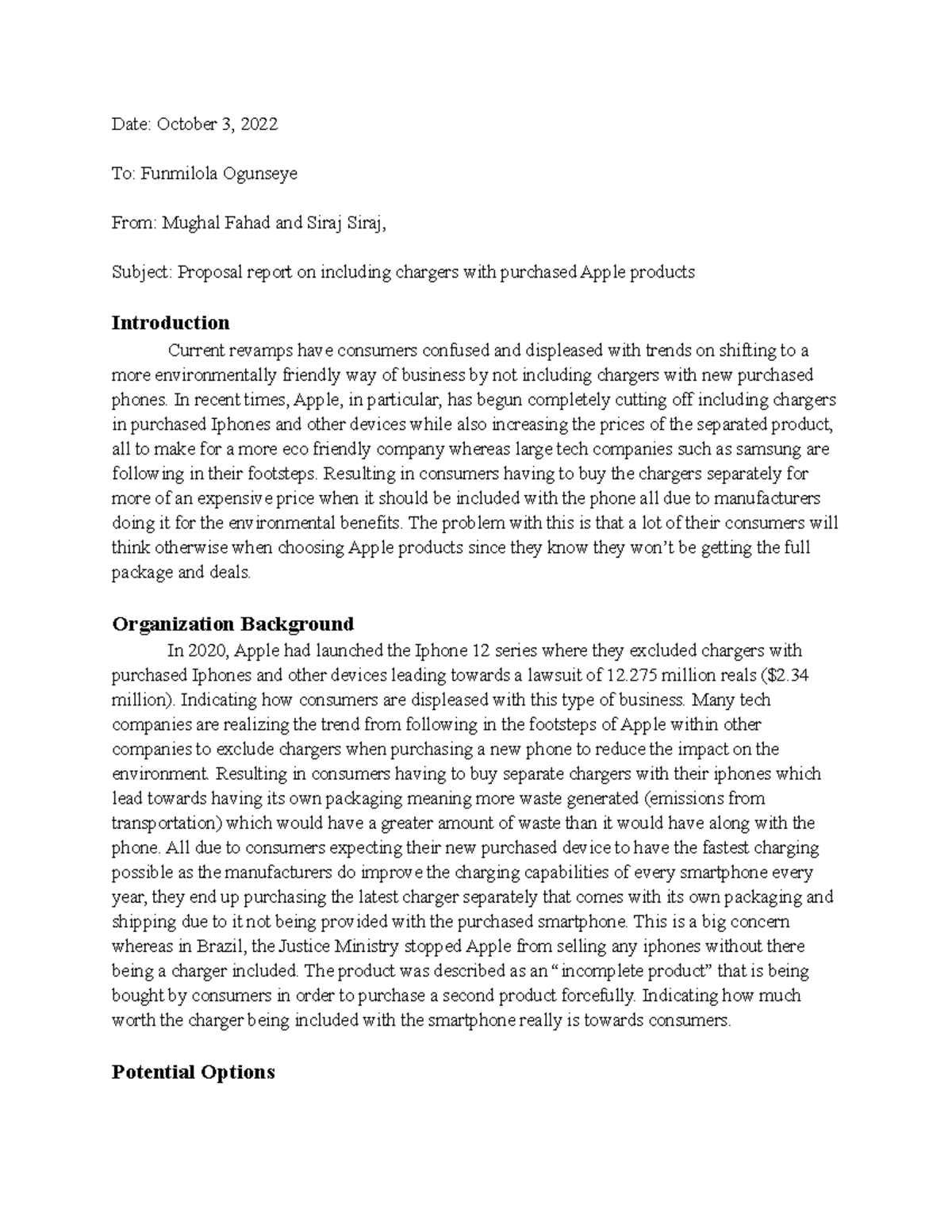 Tech Comm proposal - Date: October 3, 2022 To: Funmilola Ogunseye From ...